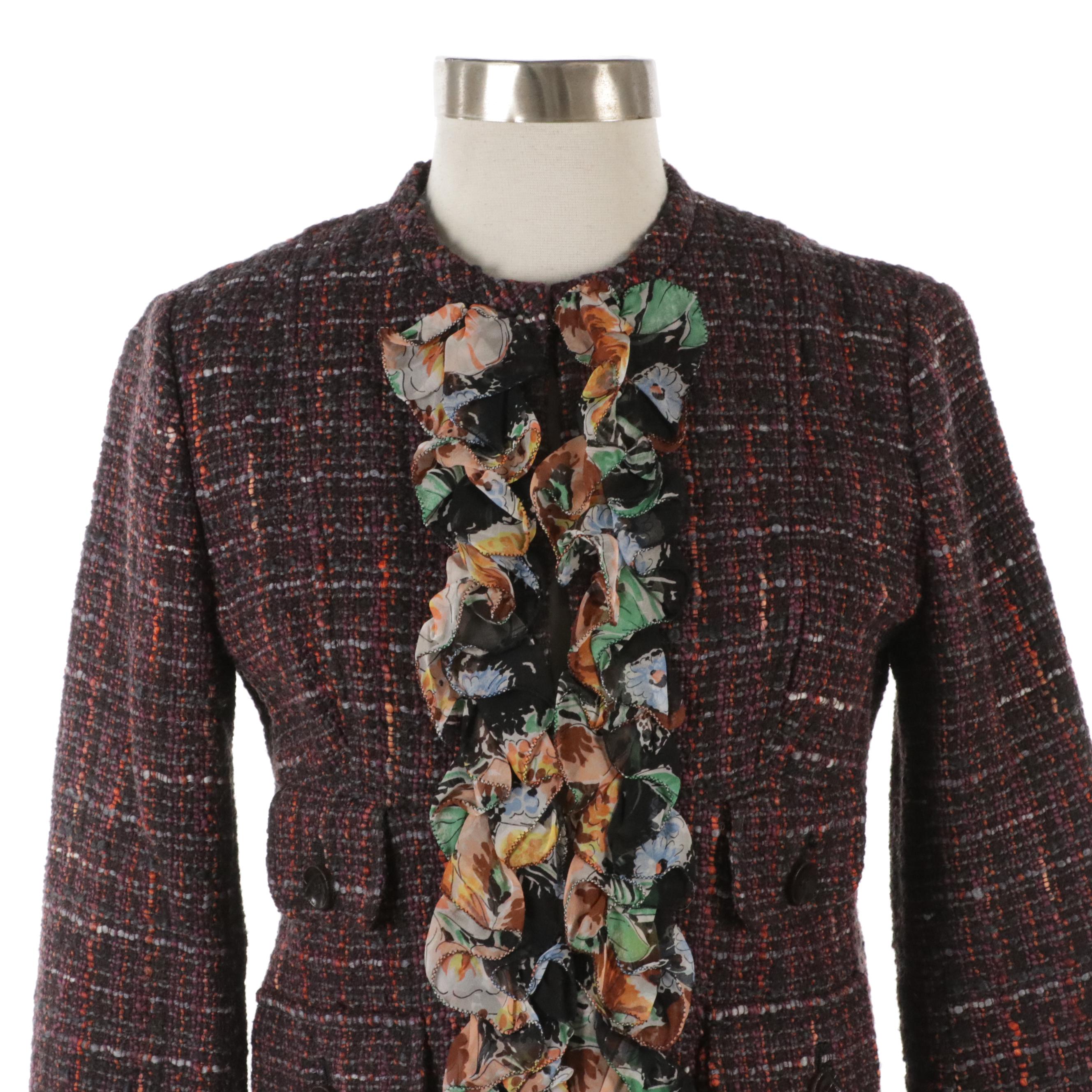 Dolce & Gabbana Wool Tweed and Floral Silk Blend Ruffled Trim Jacket