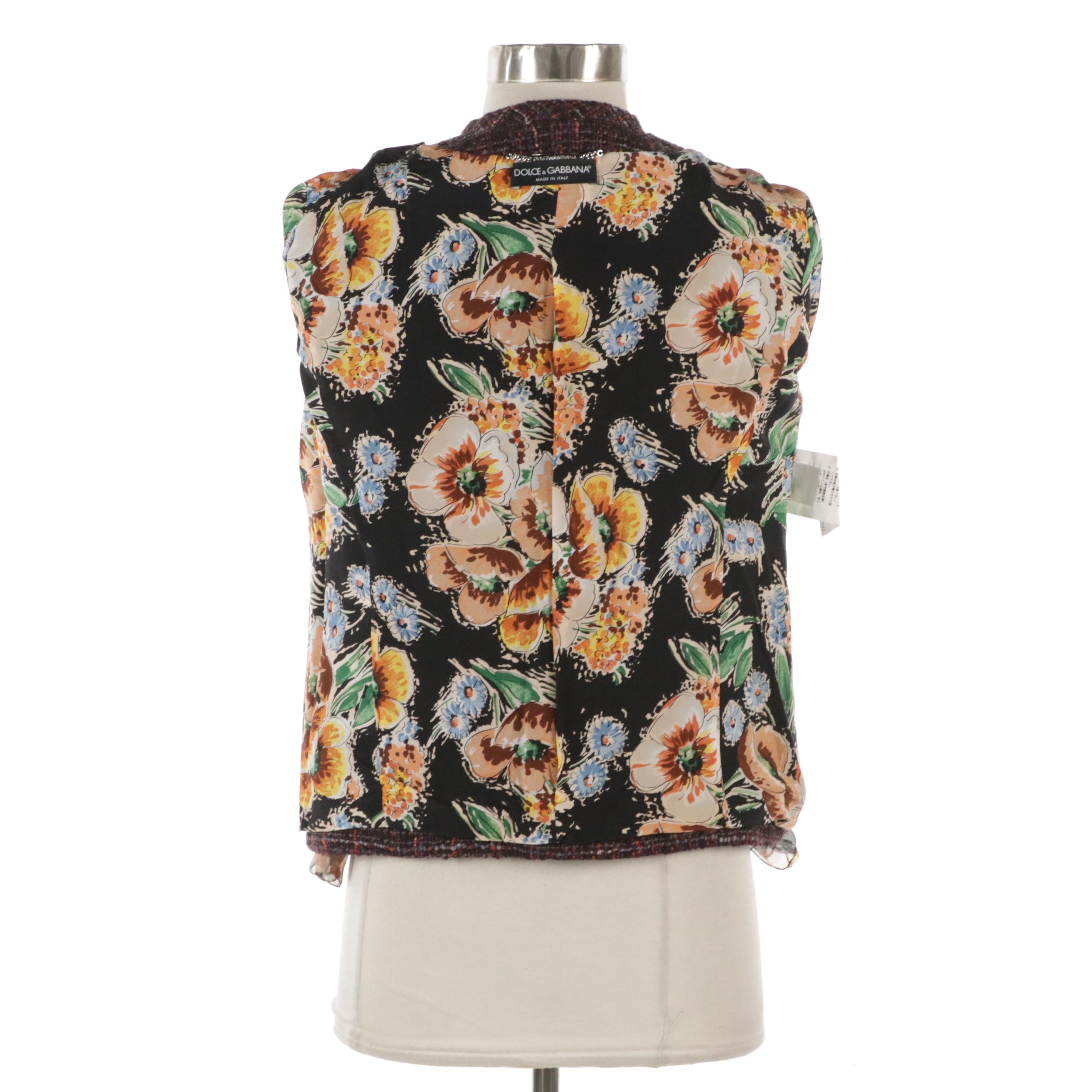 Dolce & Gabbana Wool Tweed and Floral Silk Blend Ruffled Trim Jacket