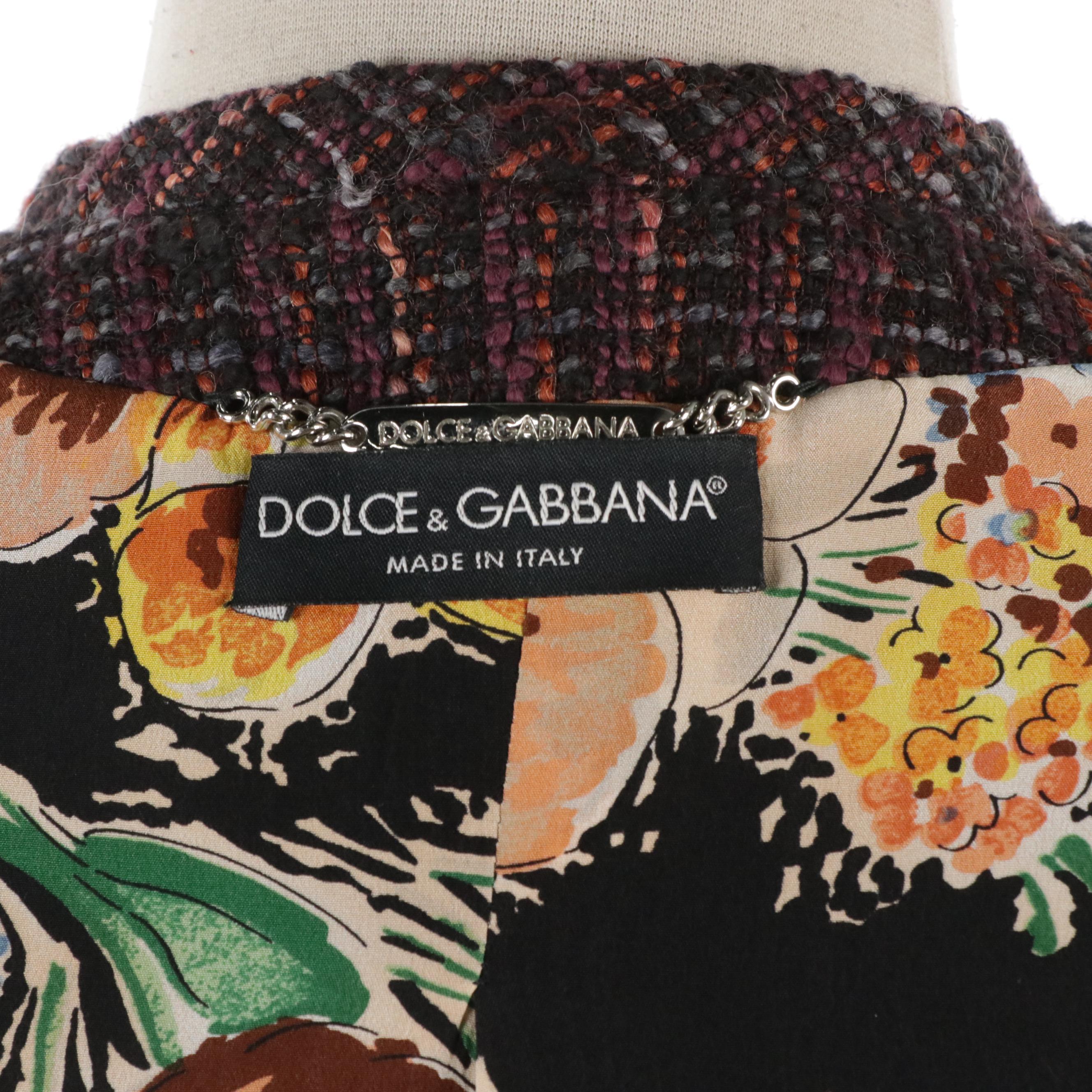 Dolce & Gabbana Wool Tweed and Floral Silk Blend Ruffled Trim Jacket