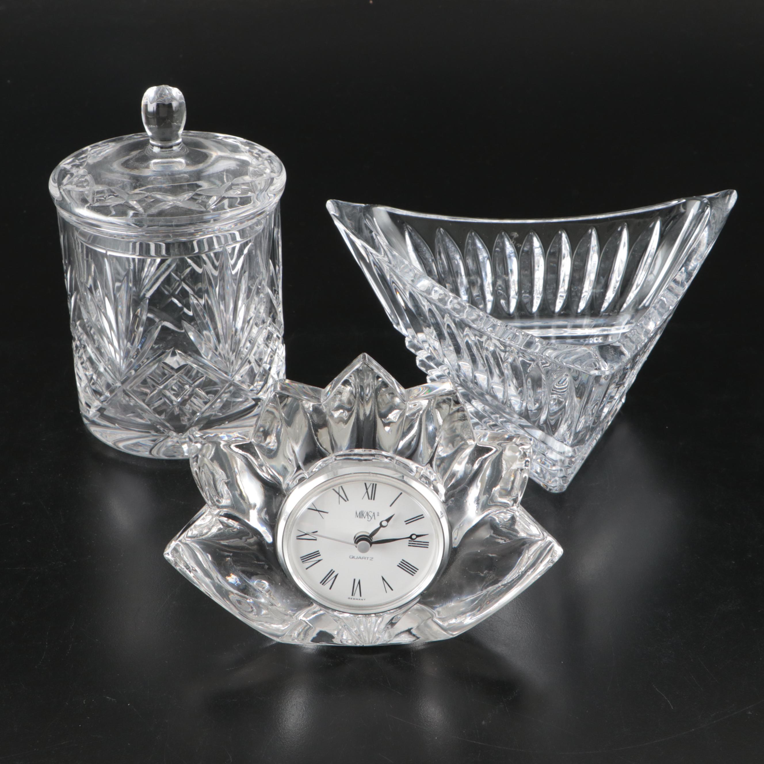 Mikasa "Fleurisse" Crystal Clock with Crystal Biscuit Barrel and Triangle Bowl