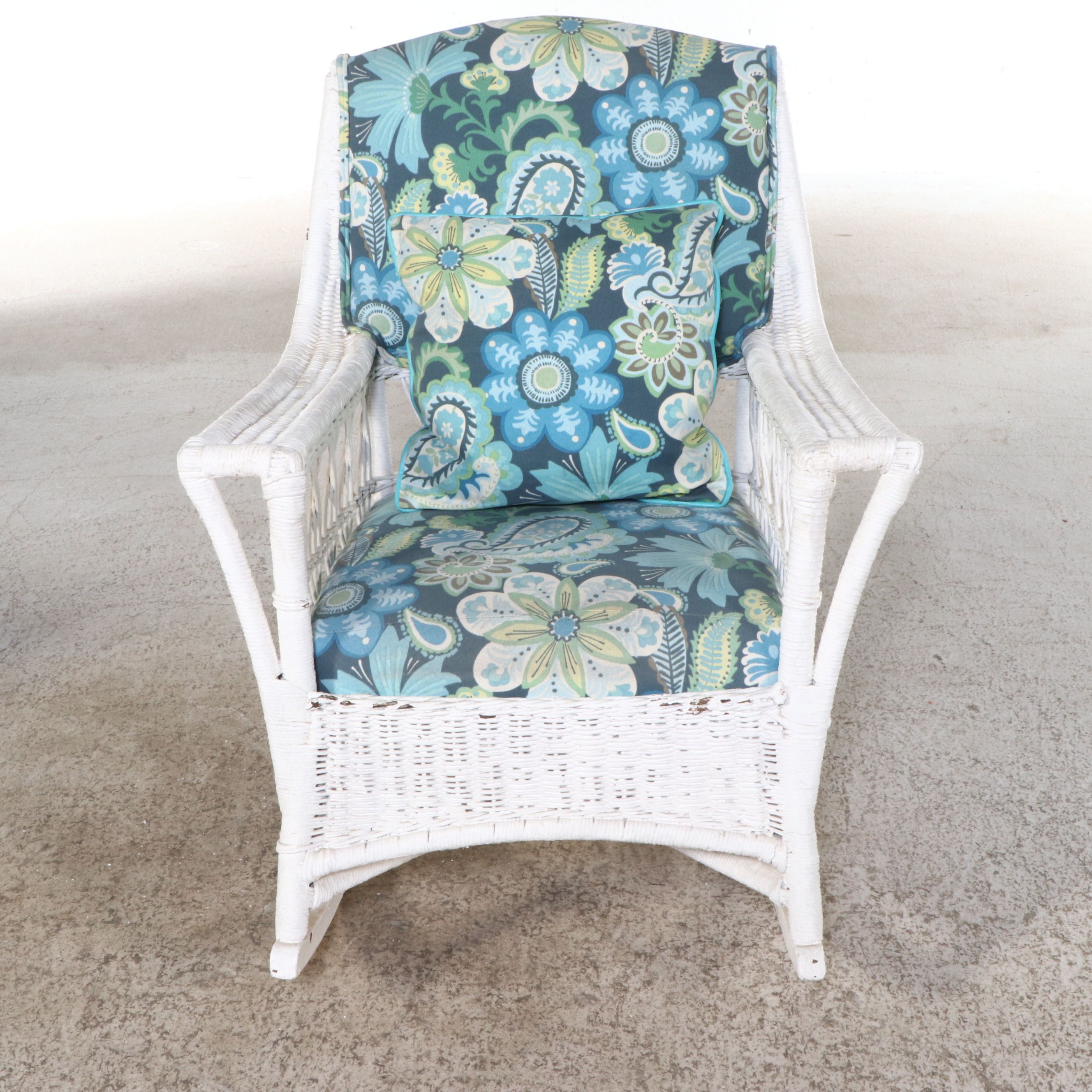 Pair of White-Painted Wicker Rattan Rocking Chairs with Ottoman and Accent Table