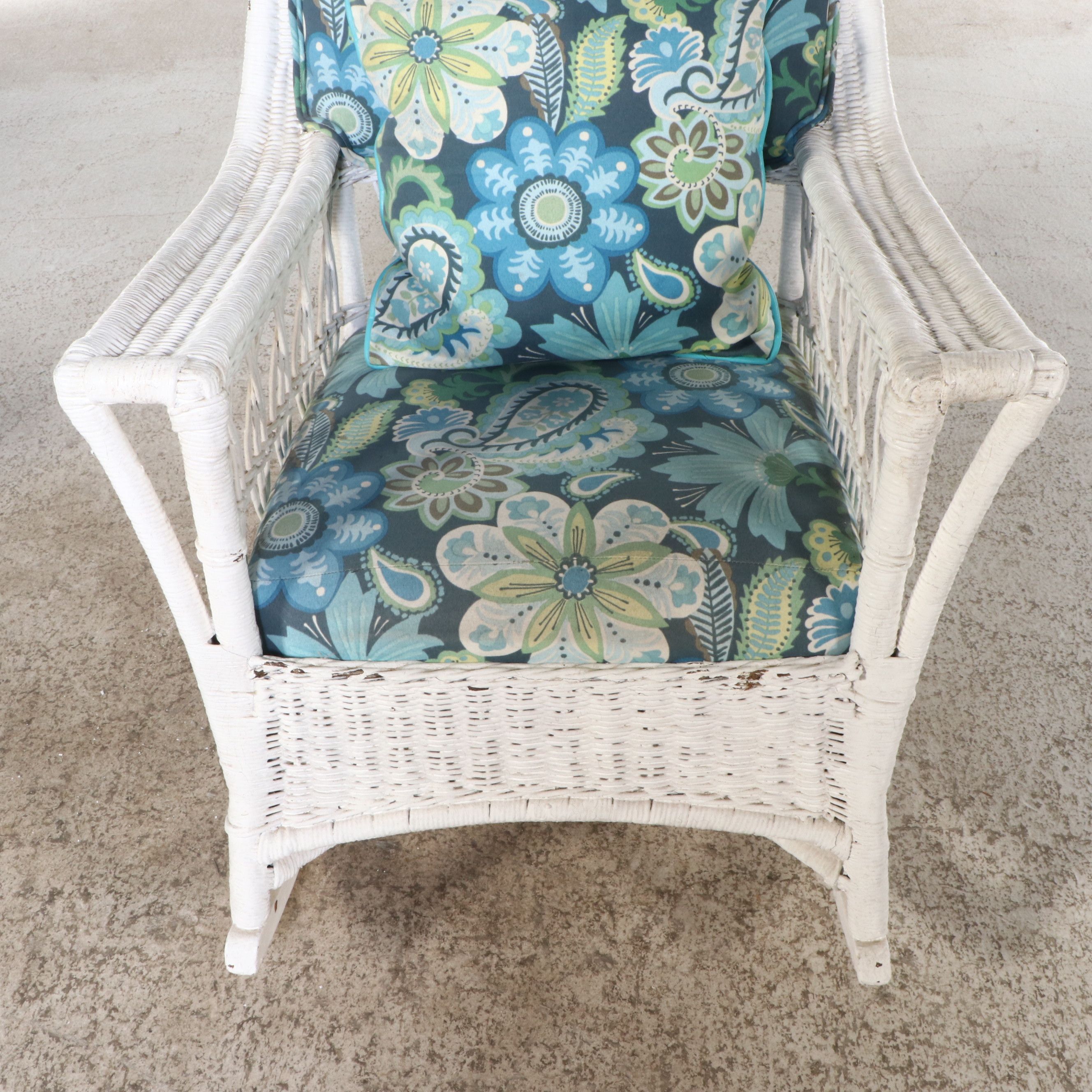 Pair of White-Painted Wicker Rattan Rocking Chairs with Ottoman and Accent Table