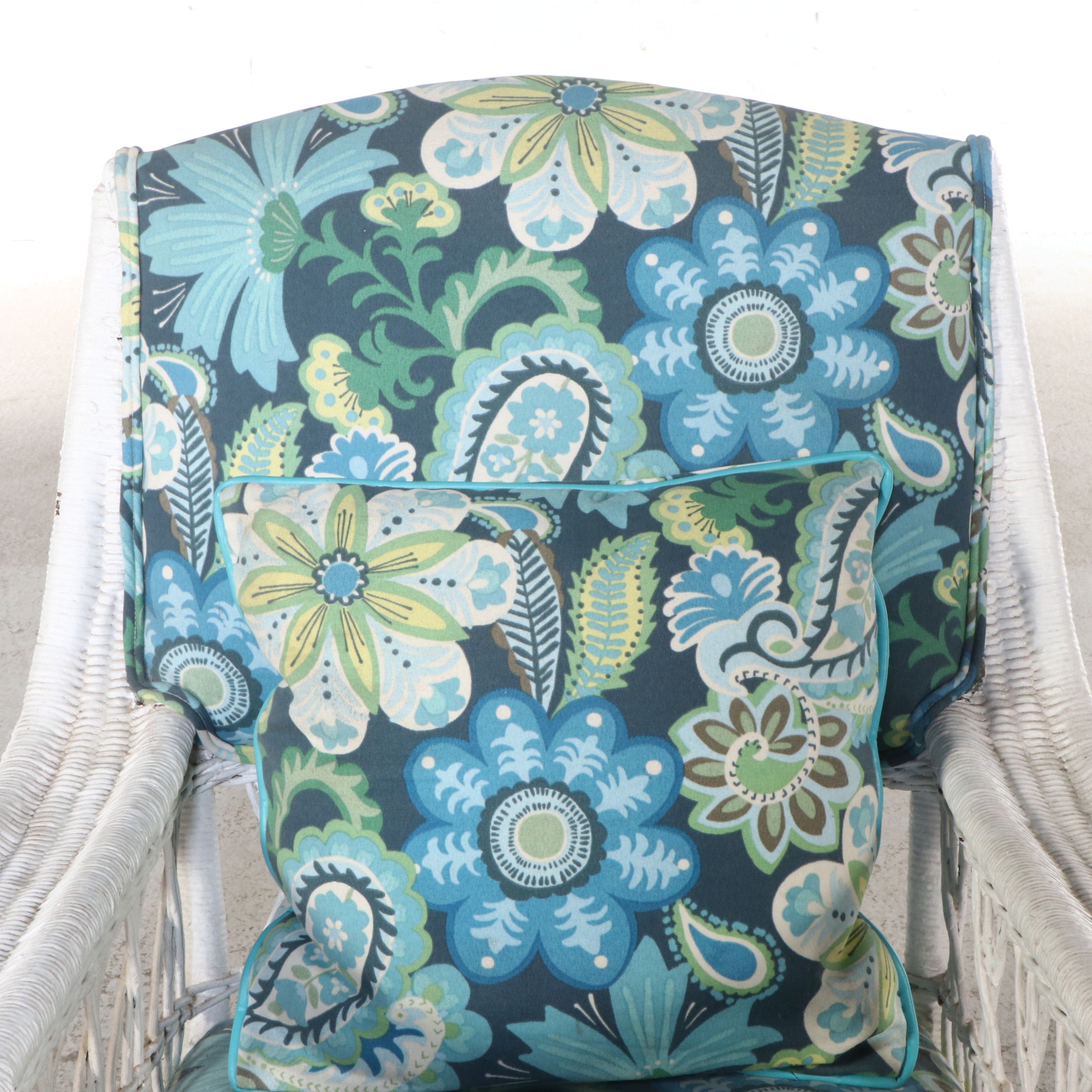 Pair of White-Painted Wicker Rattan Rocking Chairs with Ottoman and Accent Table