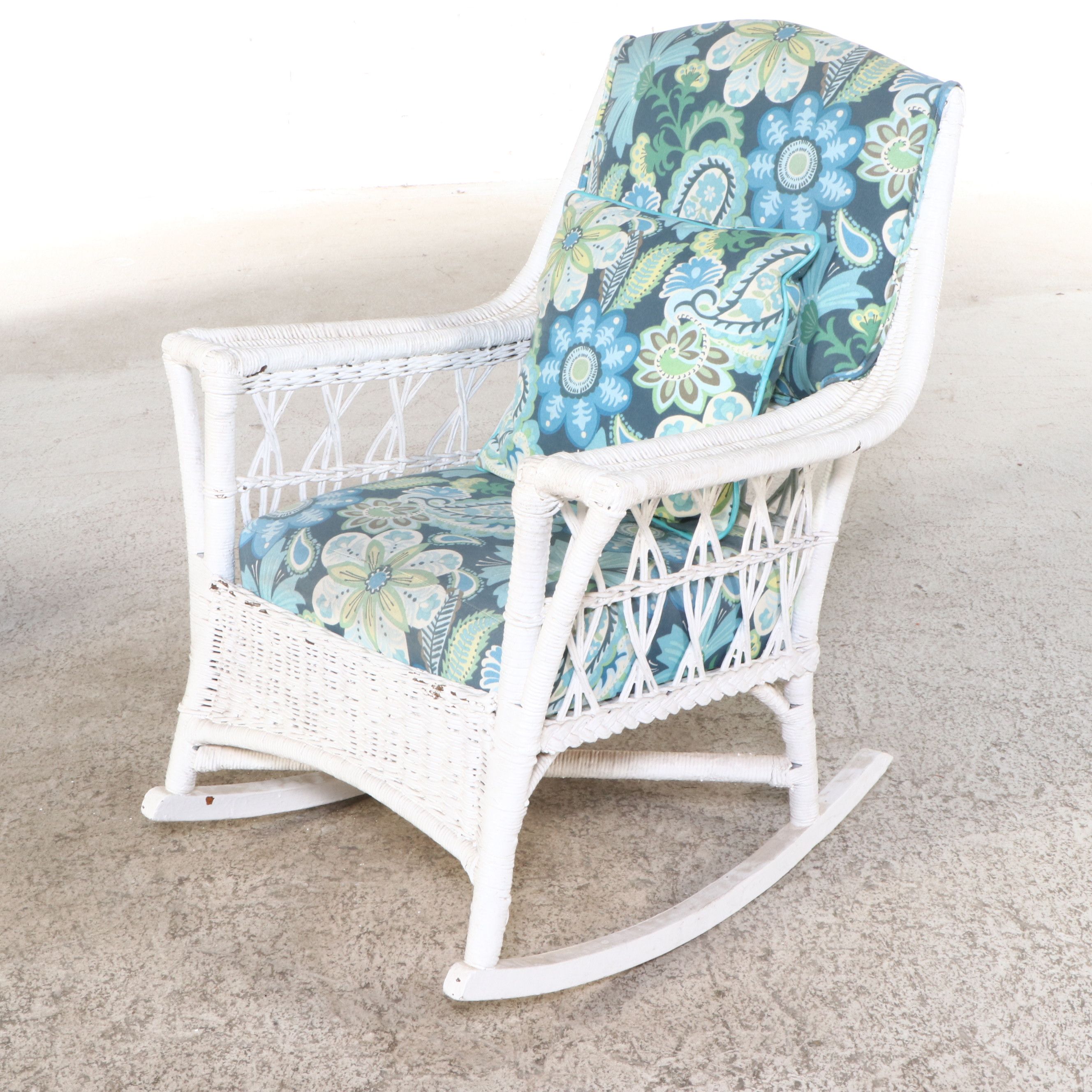 Pair of White-Painted Wicker Rattan Rocking Chairs with Ottoman and Accent Table