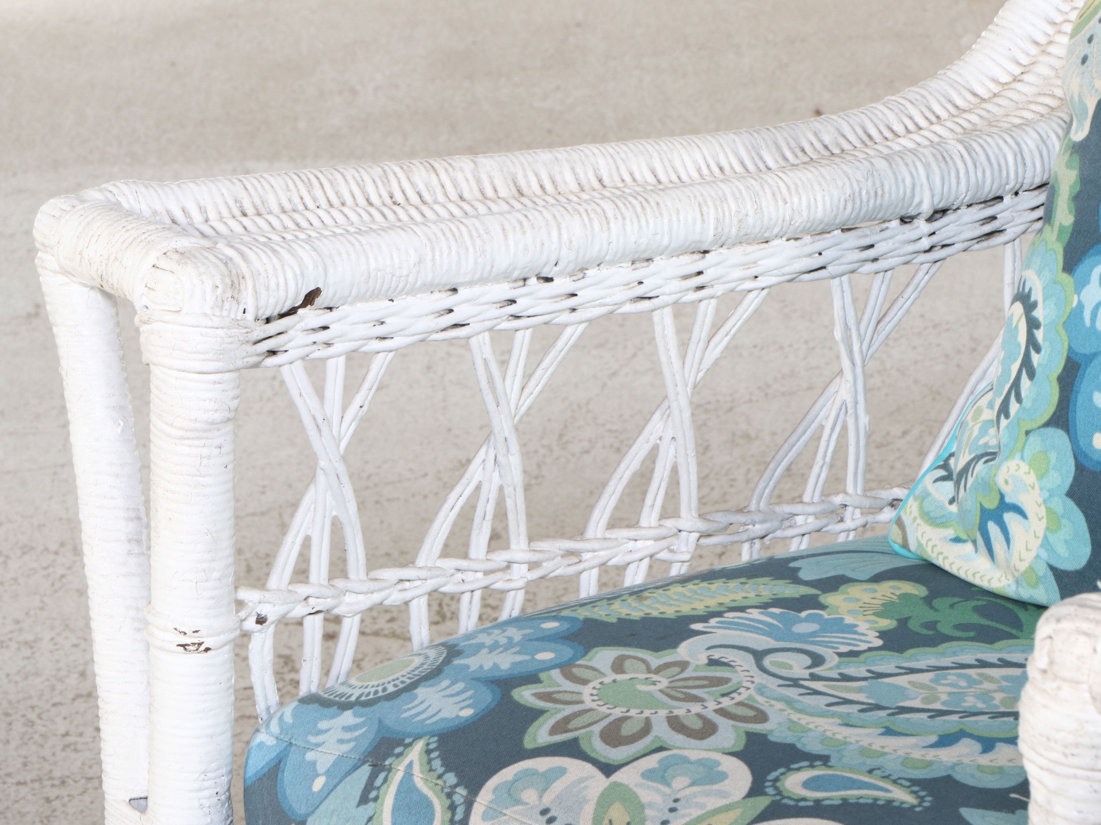 Pair of White-Painted Wicker Rattan Rocking Chairs with Ottoman and Accent Table
