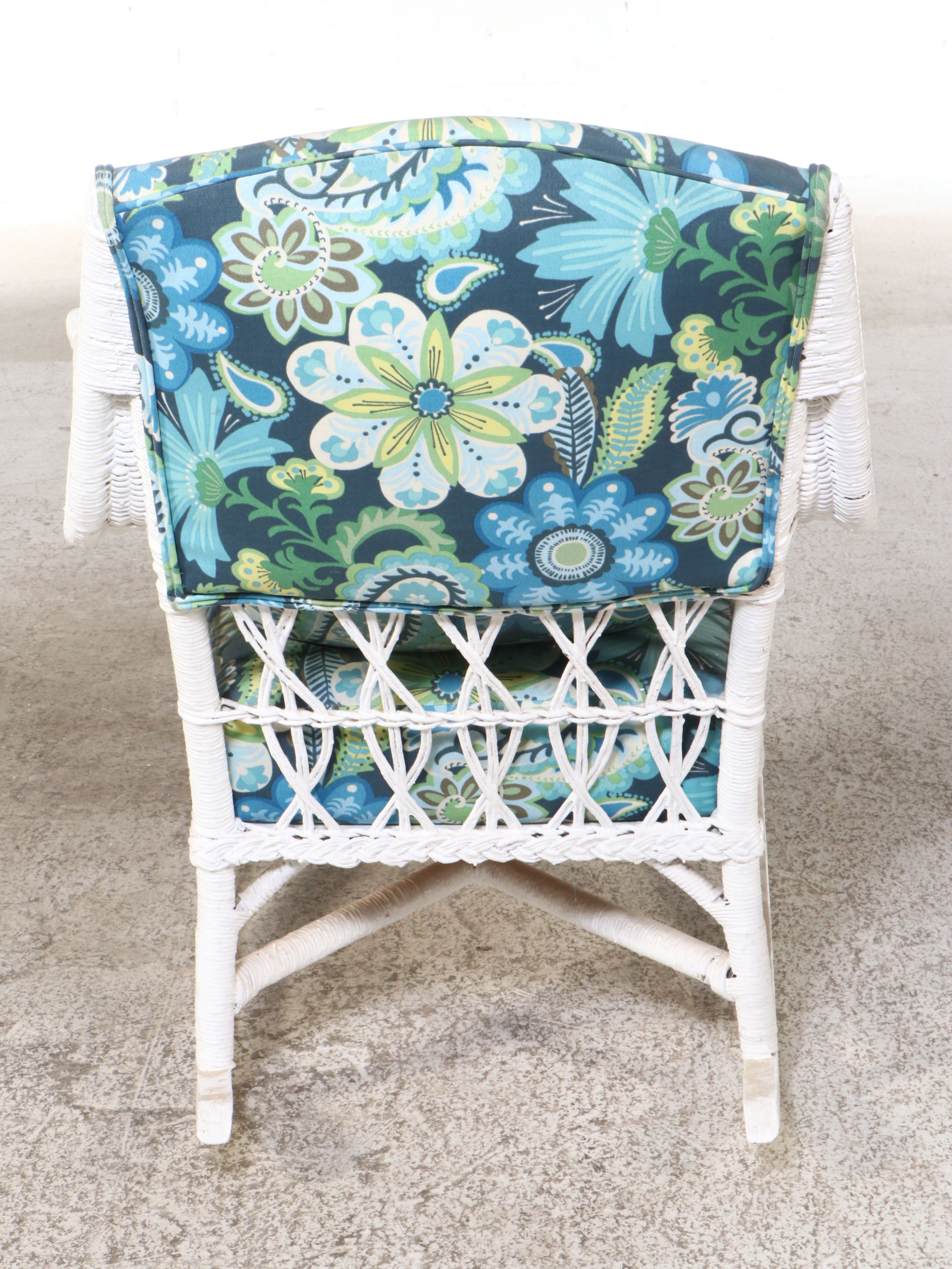 Pair of White-Painted Wicker Rattan Rocking Chairs with Ottoman and Accent Table