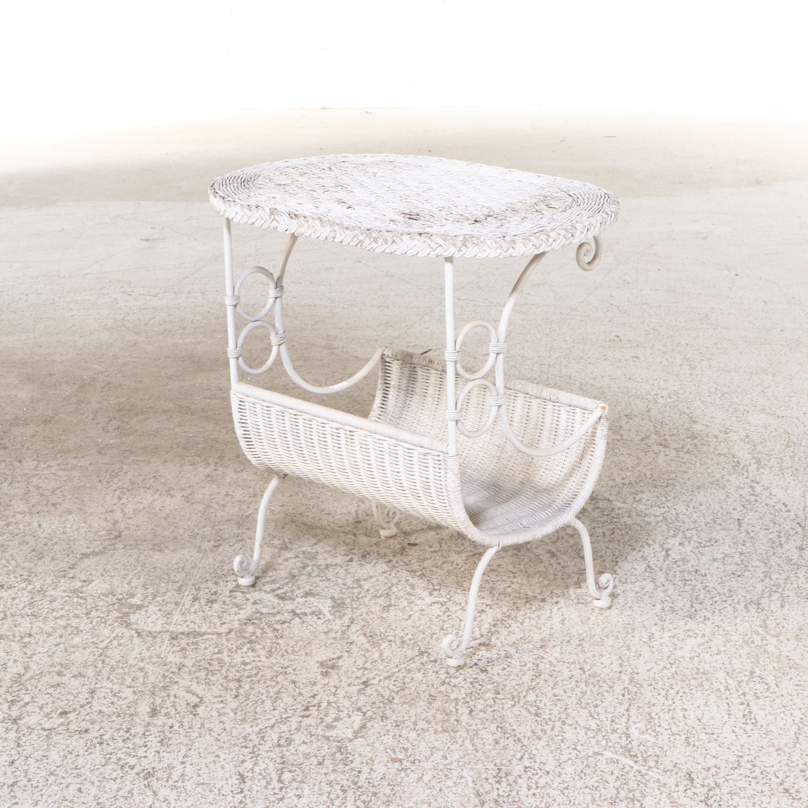 Pair of White-Painted Wicker Rattan Rocking Chairs with Ottoman and Accent Table