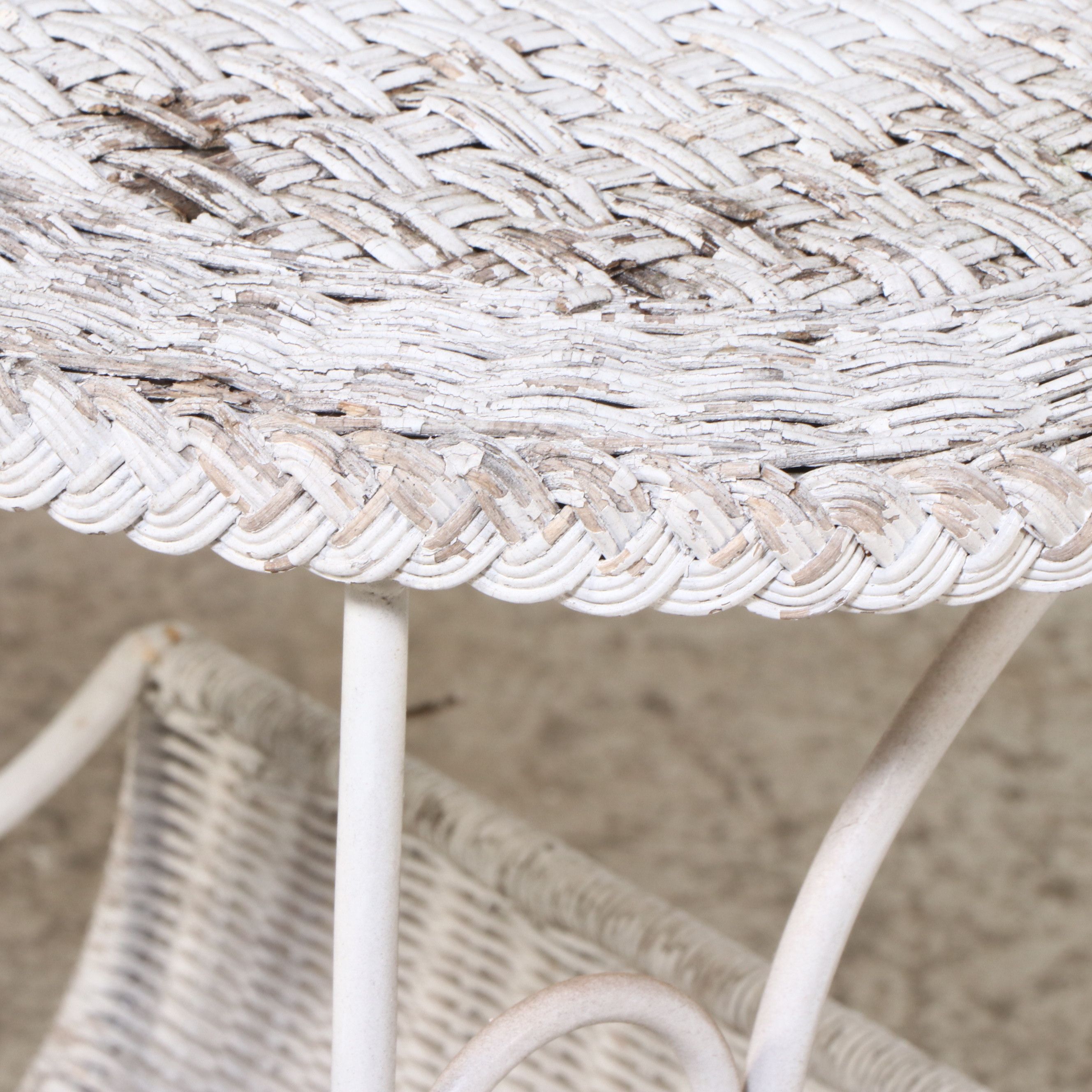 Pair of White-Painted Wicker Rattan Rocking Chairs with Ottoman and Accent Table