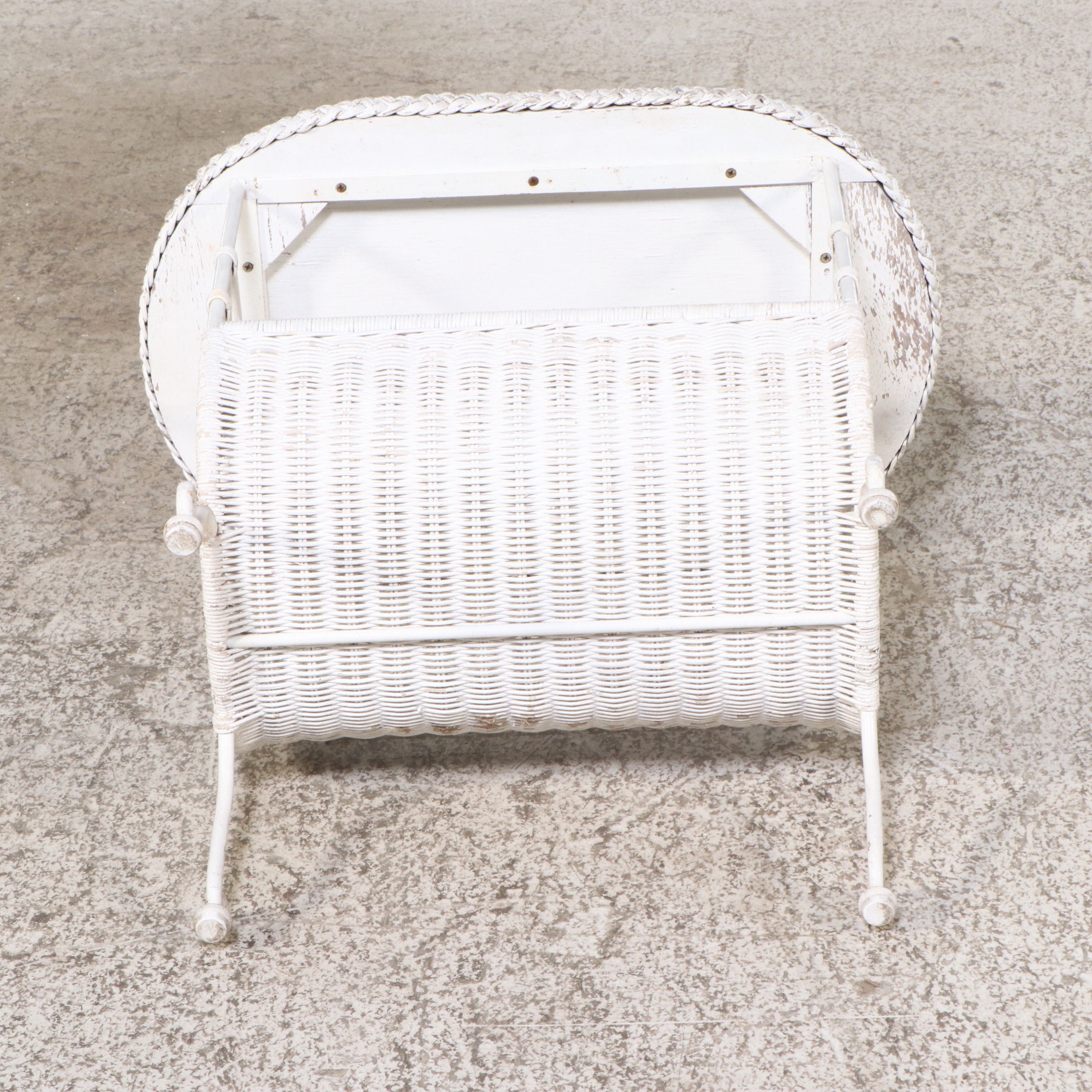 Pair of White-Painted Wicker Rattan Rocking Chairs with Ottoman and Accent Table
