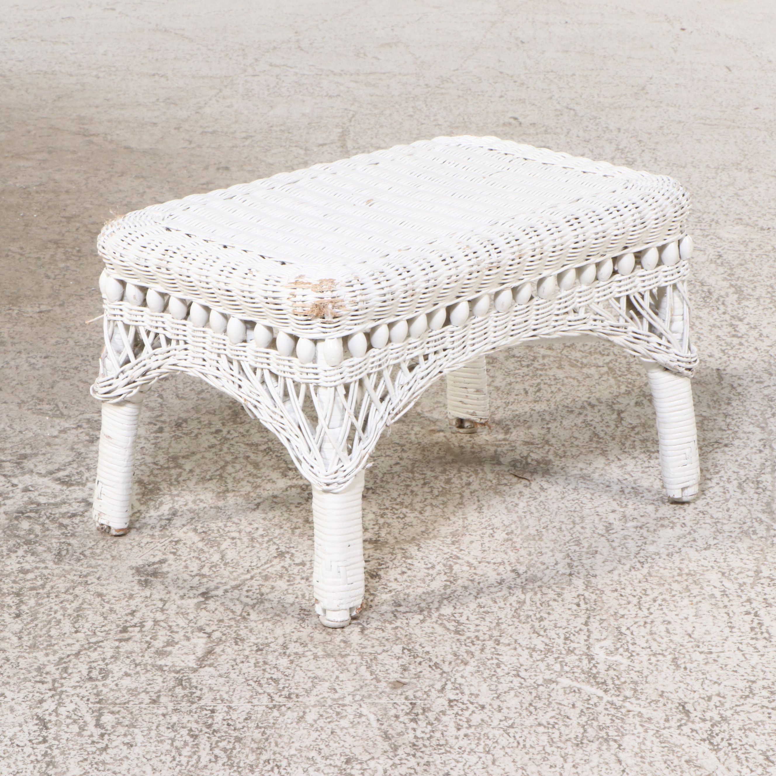 Pair of White-Painted Wicker Rattan Rocking Chairs with Ottoman and Accent Table
