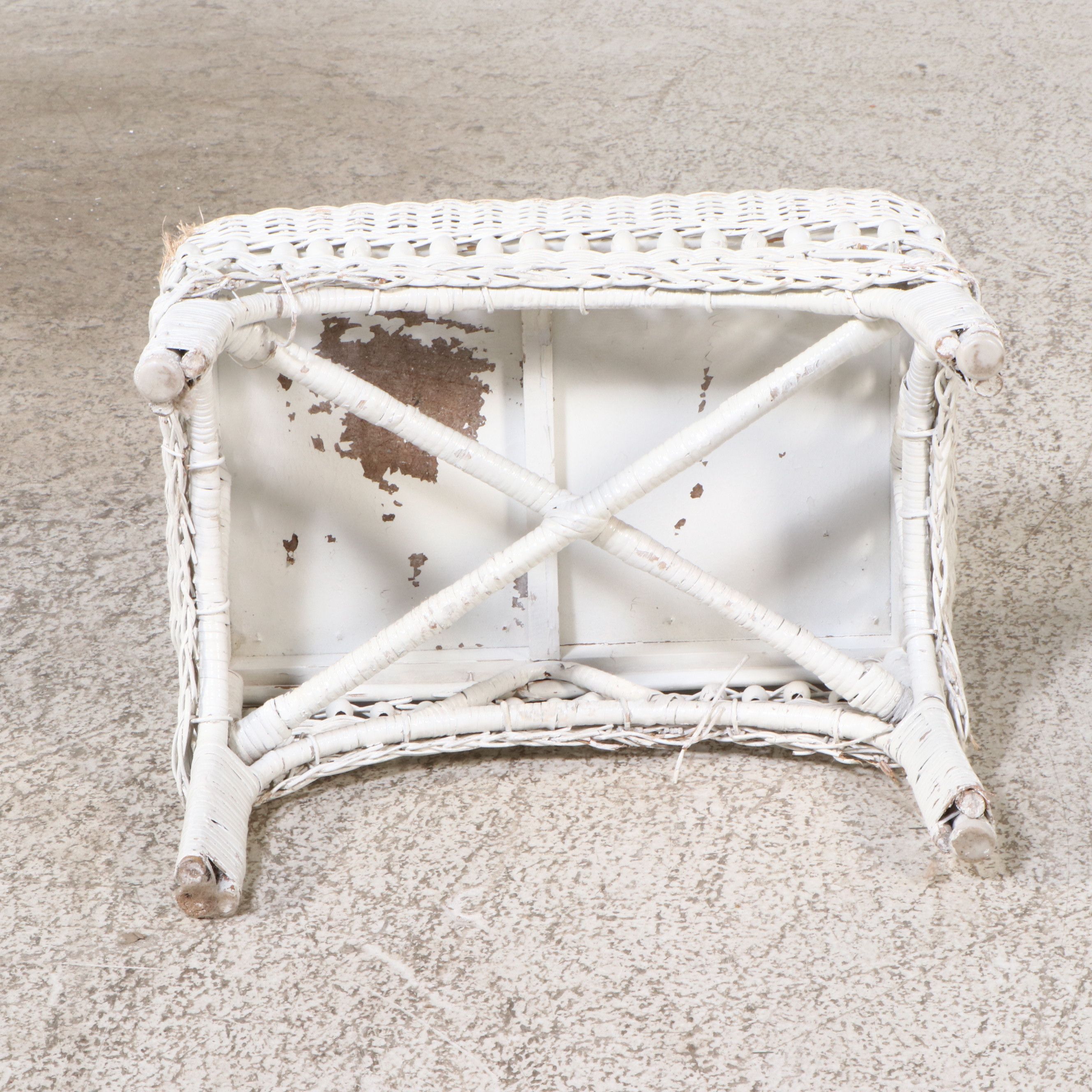 Pair of White-Painted Wicker Rattan Rocking Chairs with Ottoman and Accent Table