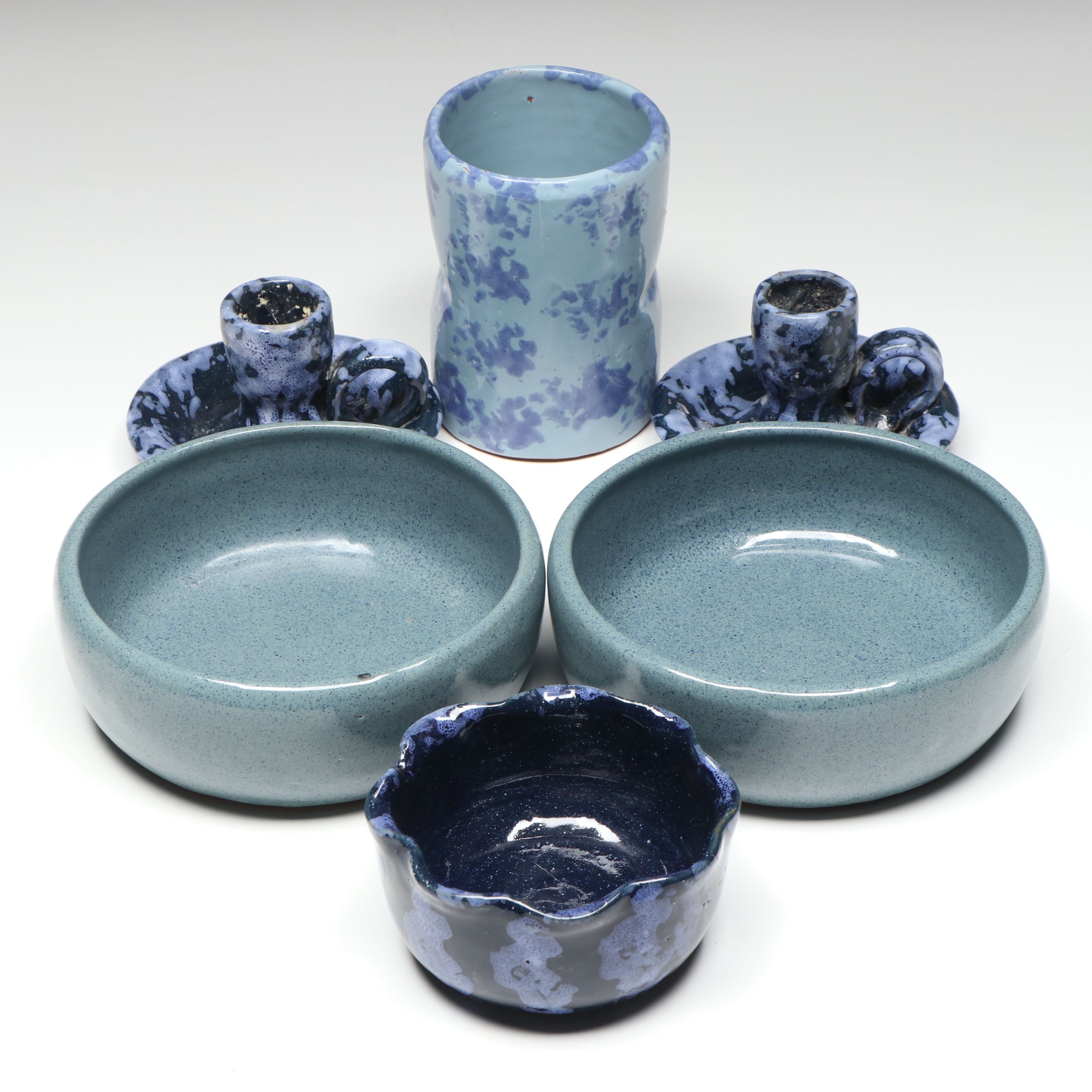 Bybee Pottery Chambersticks, with Bowls, and Vase