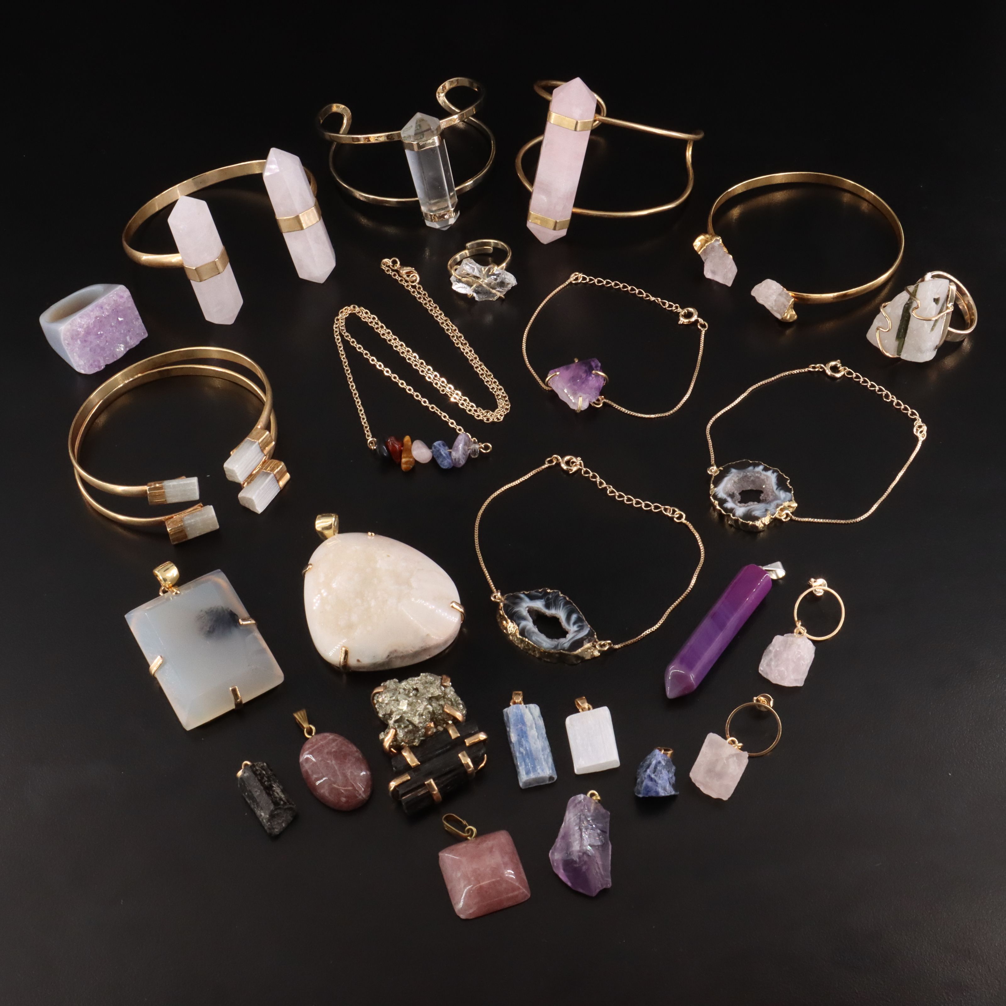 Gemstone Jewelry Collection Including Rose Quartz, Amethyst and Chalcedony