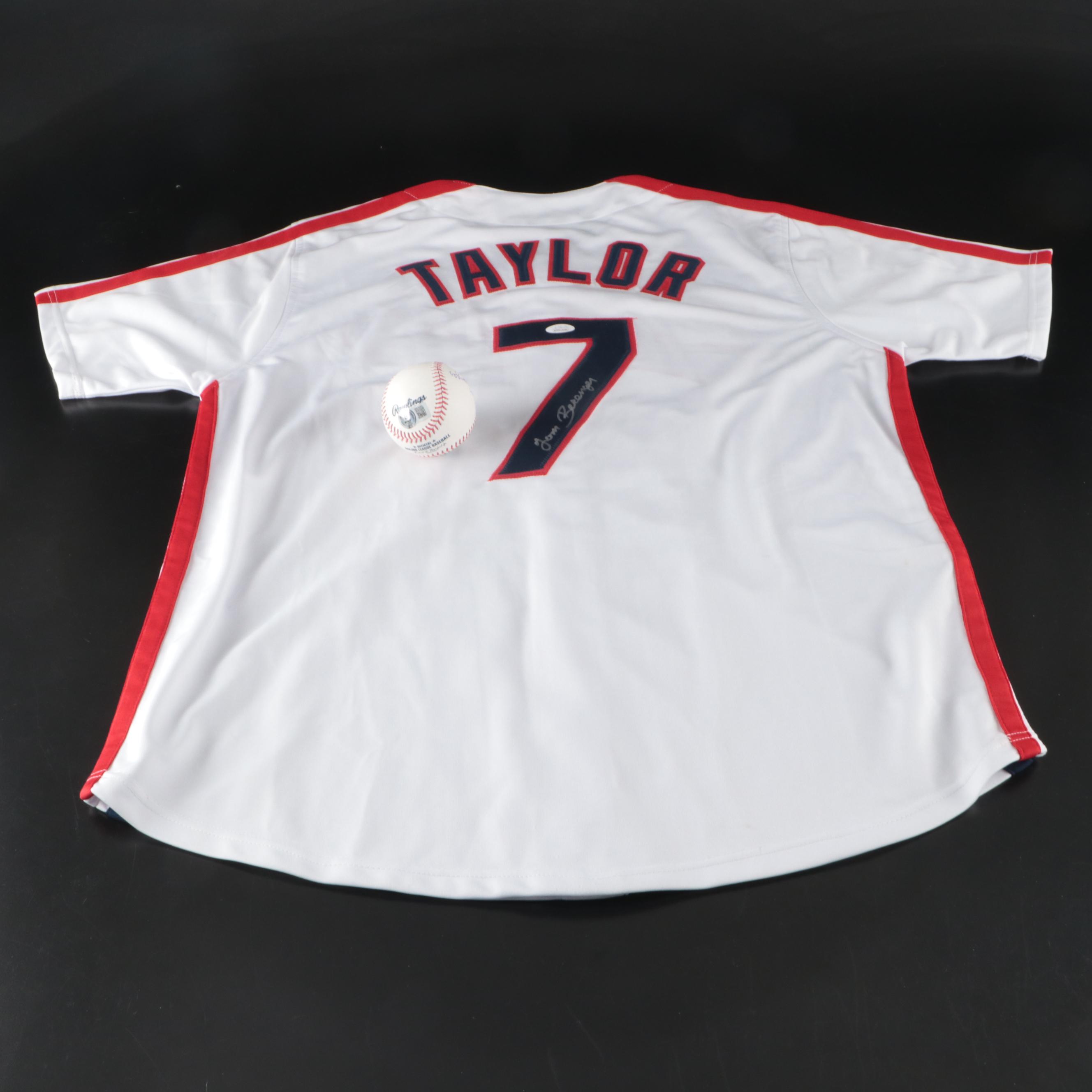 Tom Berenger Signed " Major League" Jersey with Charlie Sheen Signed Baseball