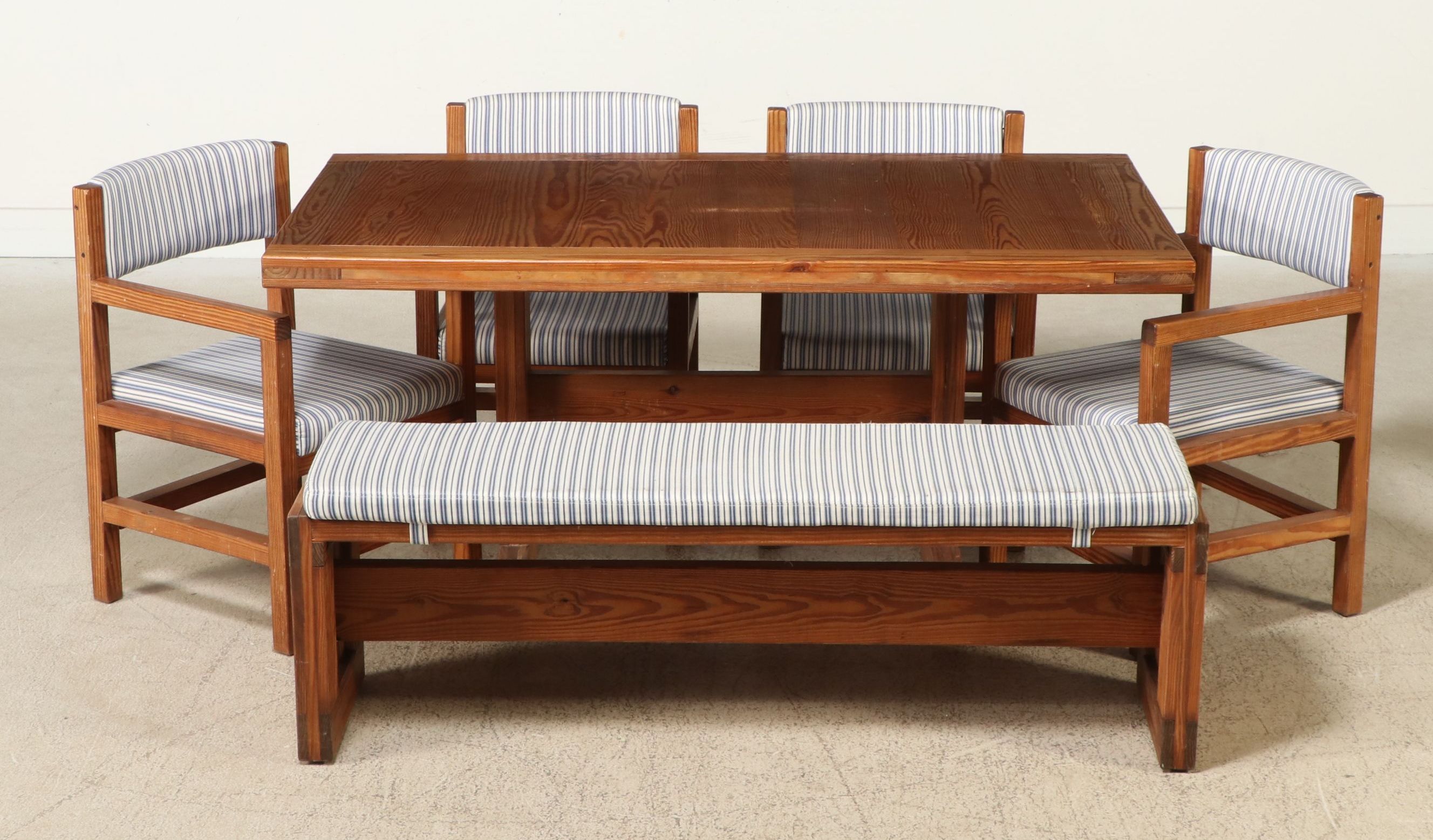 This End Up Pine Dining Table with Bench Seat and Four Armchairs