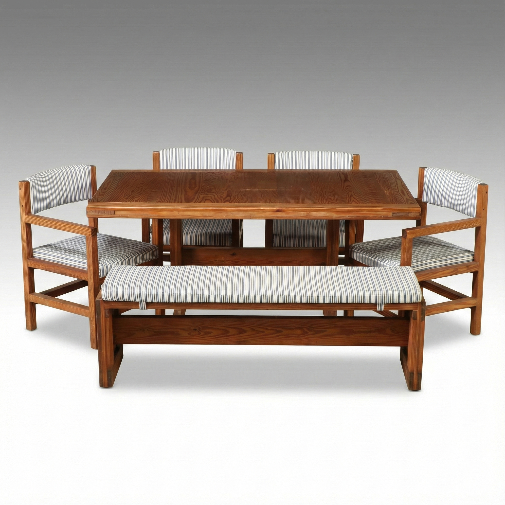 This End Up Pine Dining Table with Bench Seat and Four Armchairs