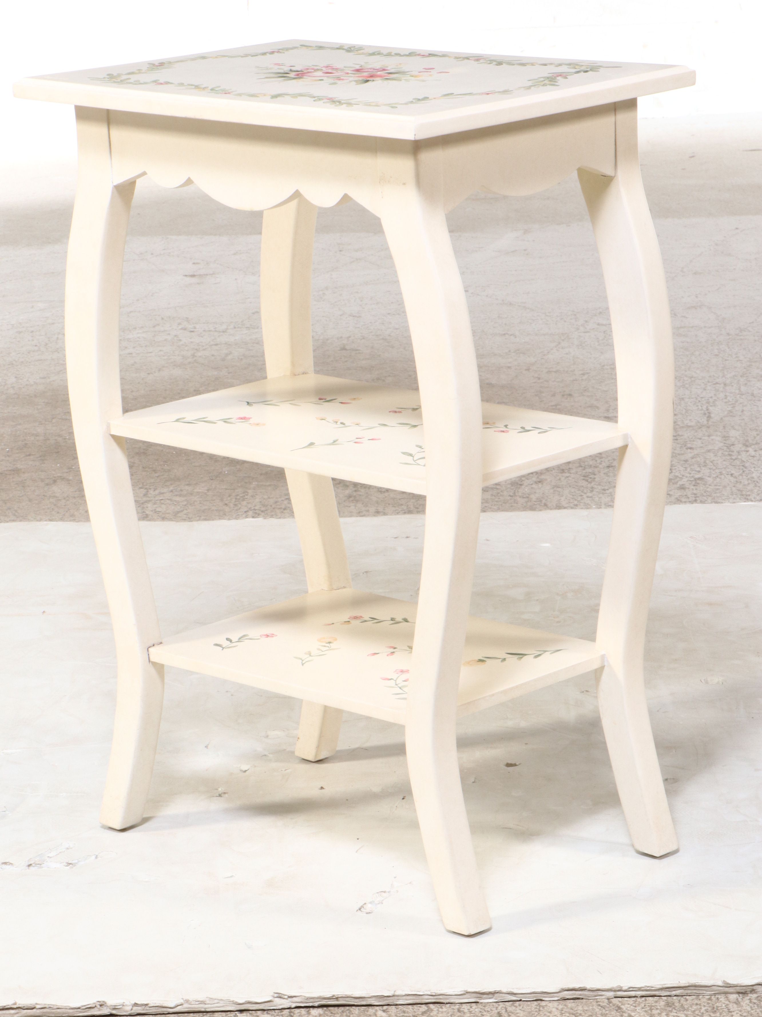 Victorian Style Paint Decorated Two-Tier Side Table and Wooden Trunk