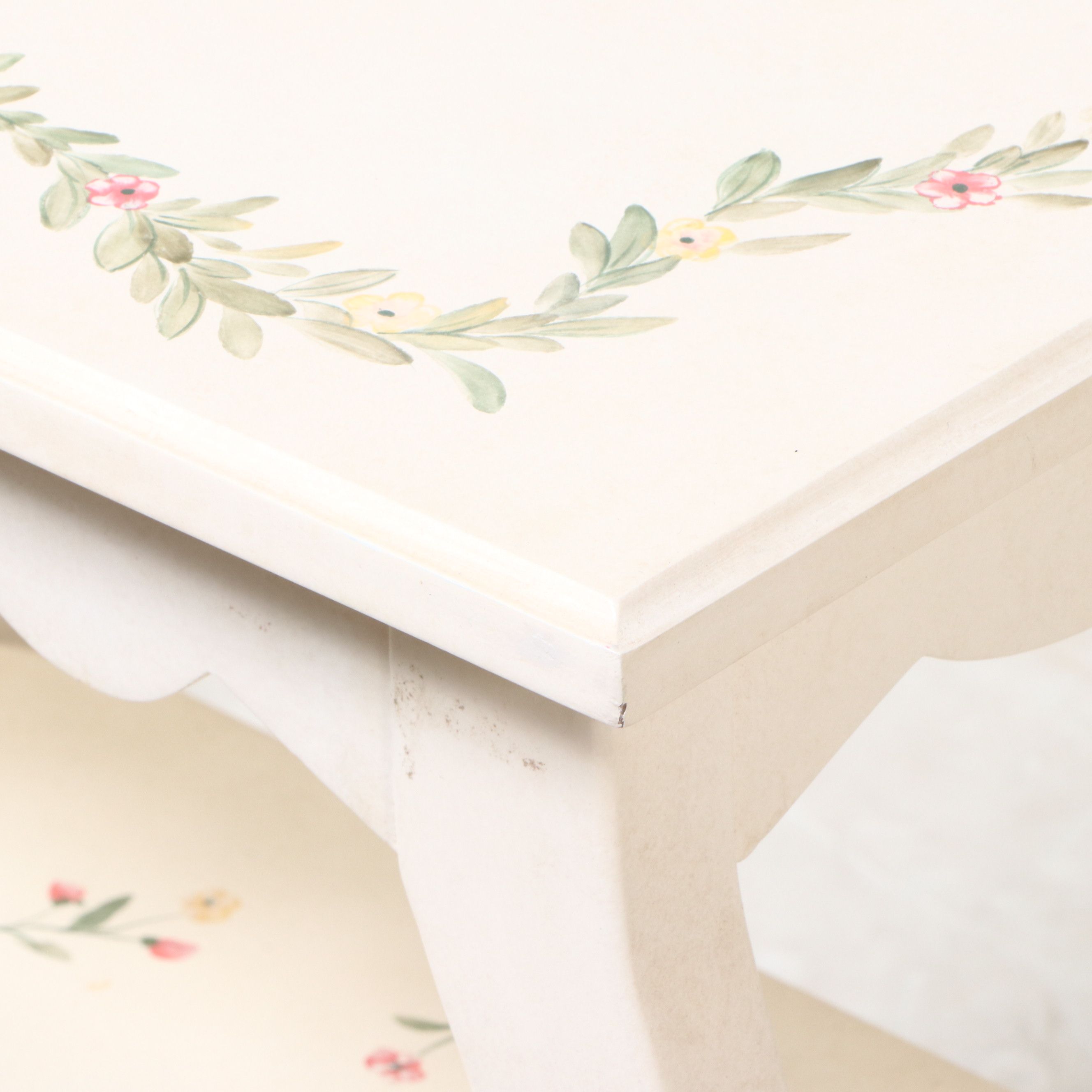 Victorian Style Paint Decorated Two-Tier Side Table and Wooden Trunk