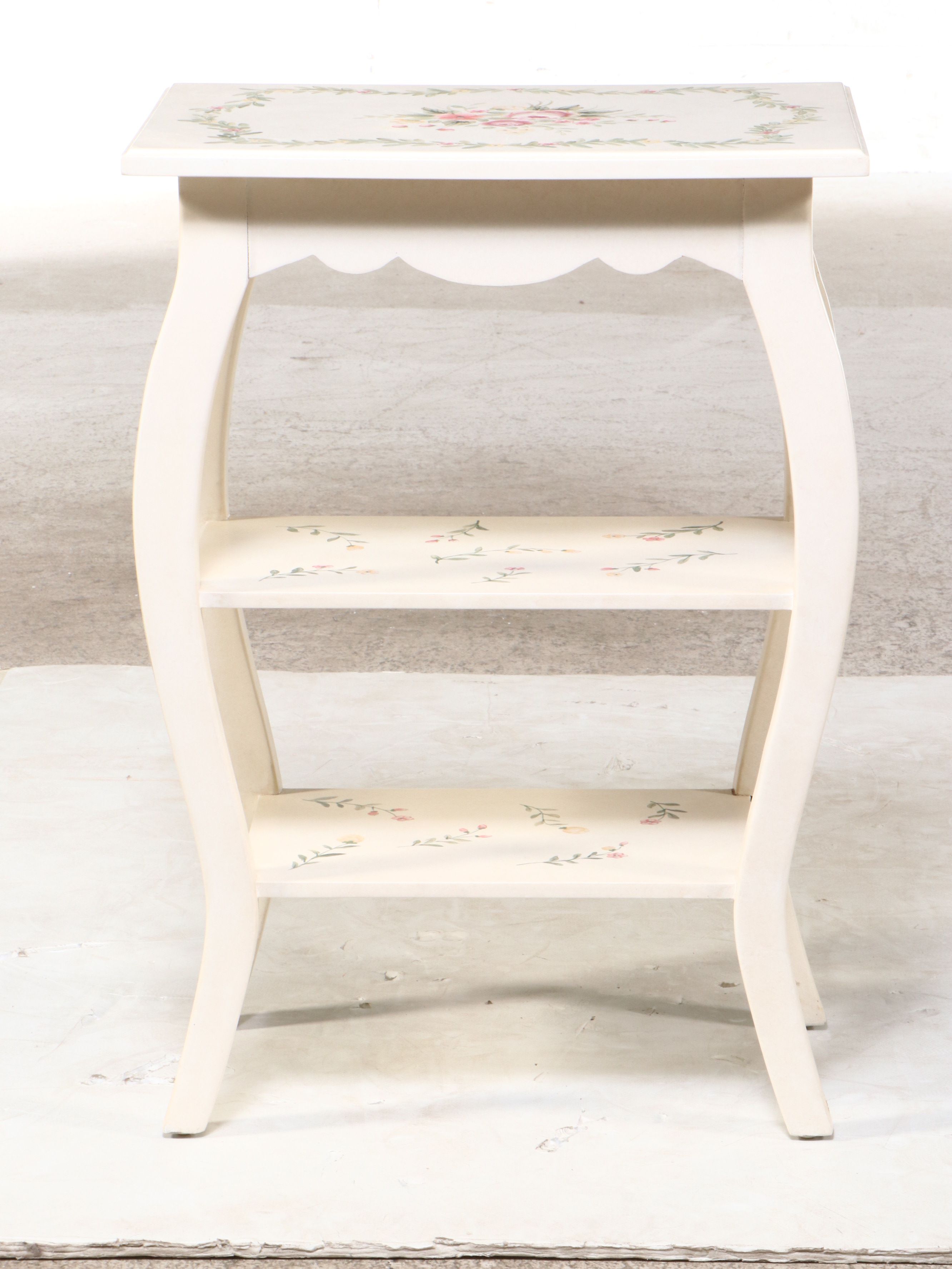 Victorian Style Paint Decorated Two-Tier Side Table and Wooden Trunk