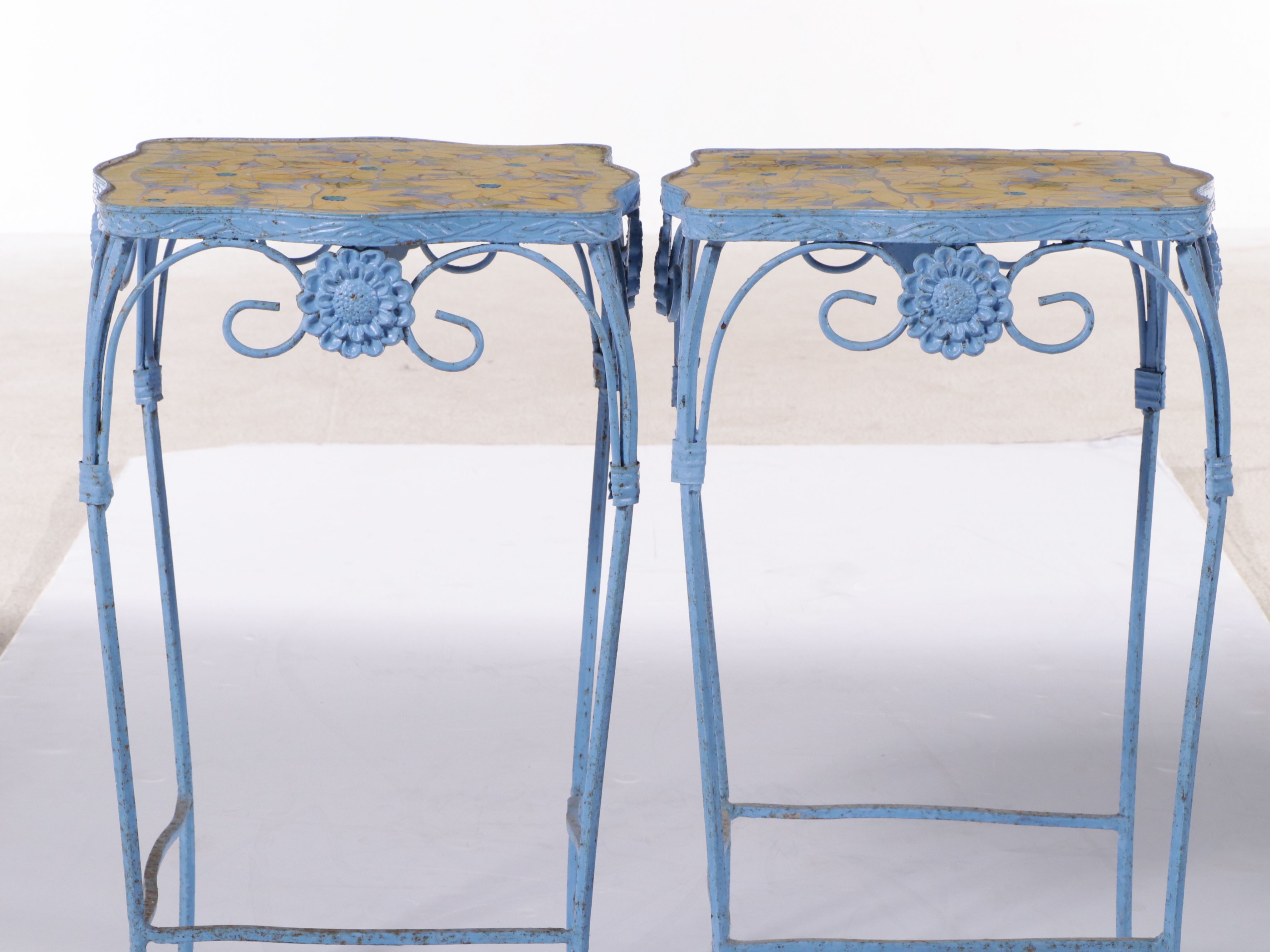 Pair of Mosaic Ceramic Tile Top and Metal Framed Accent Tables