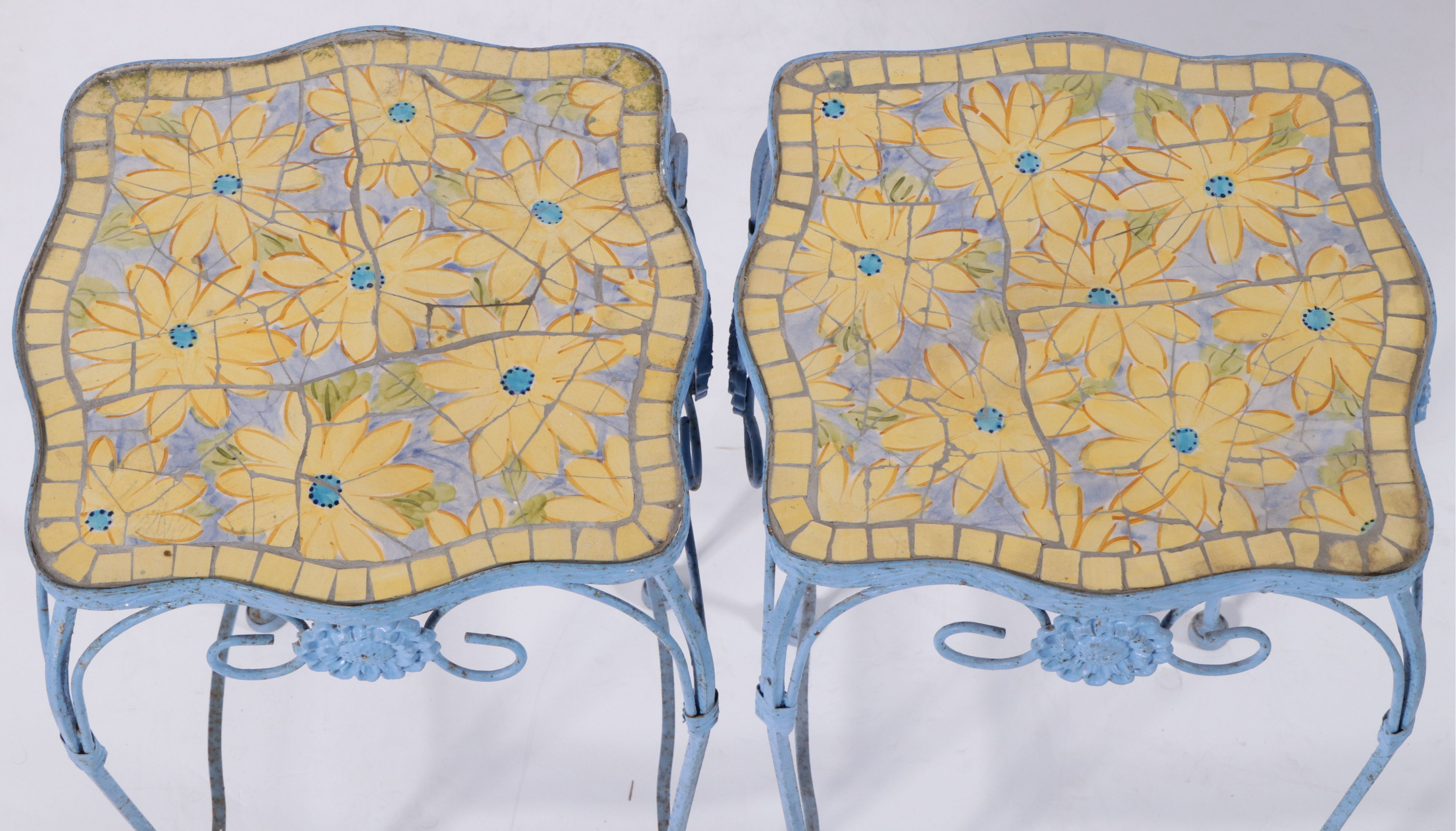 Pair of Mosaic Ceramic Tile Top and Metal Framed Accent Tables