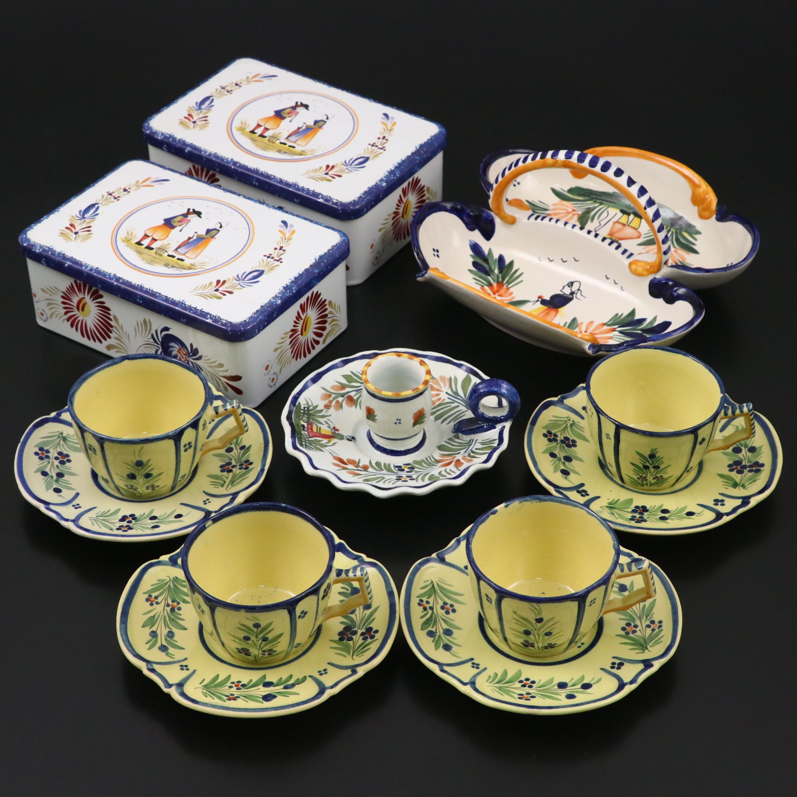 Henriot Quimper Ceramic Basket with Tableware and Massilly Tin Boxes