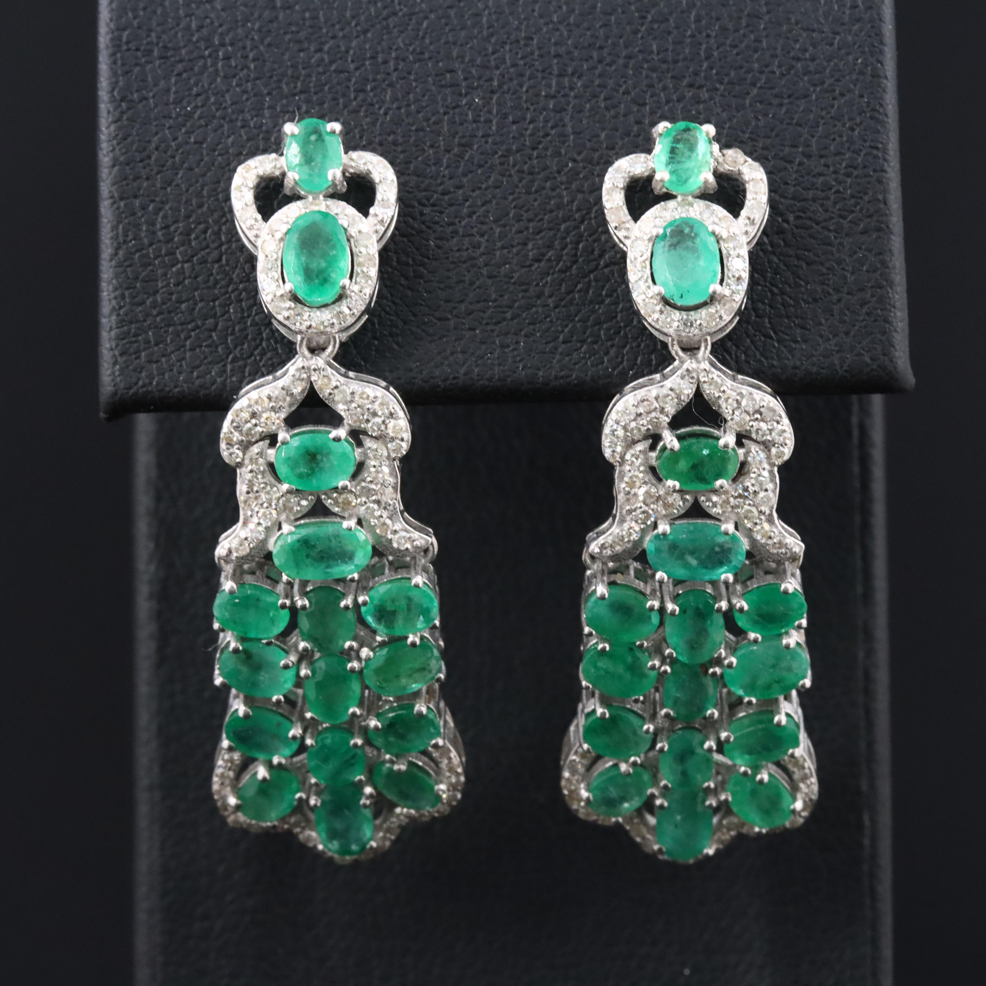 Sterling Emerald and Diamond Drop Earrings