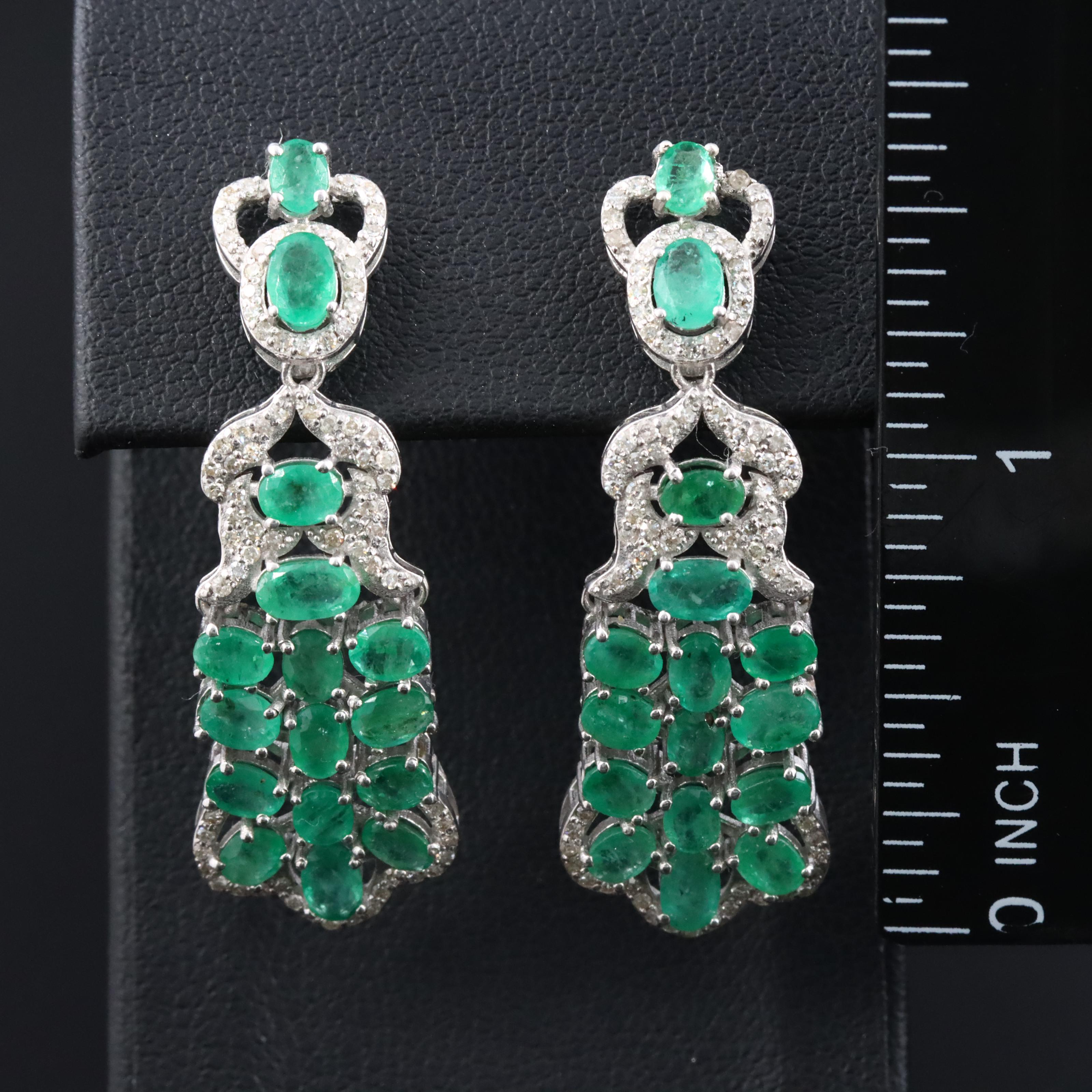 Sterling Emerald and Diamond Drop Earrings