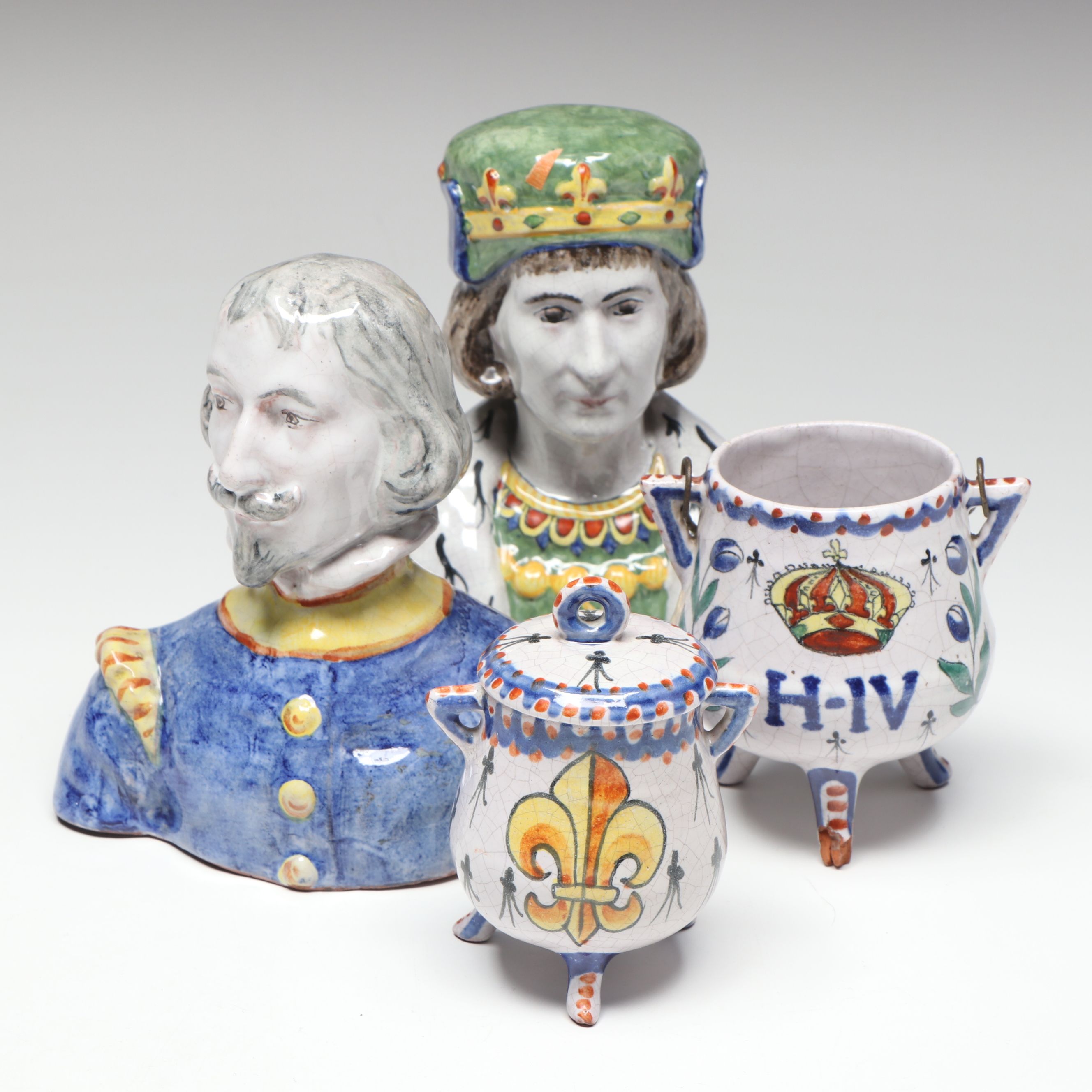 French Majolica Bust Figures with Decorative Footed Bowl and Lidded Vessel