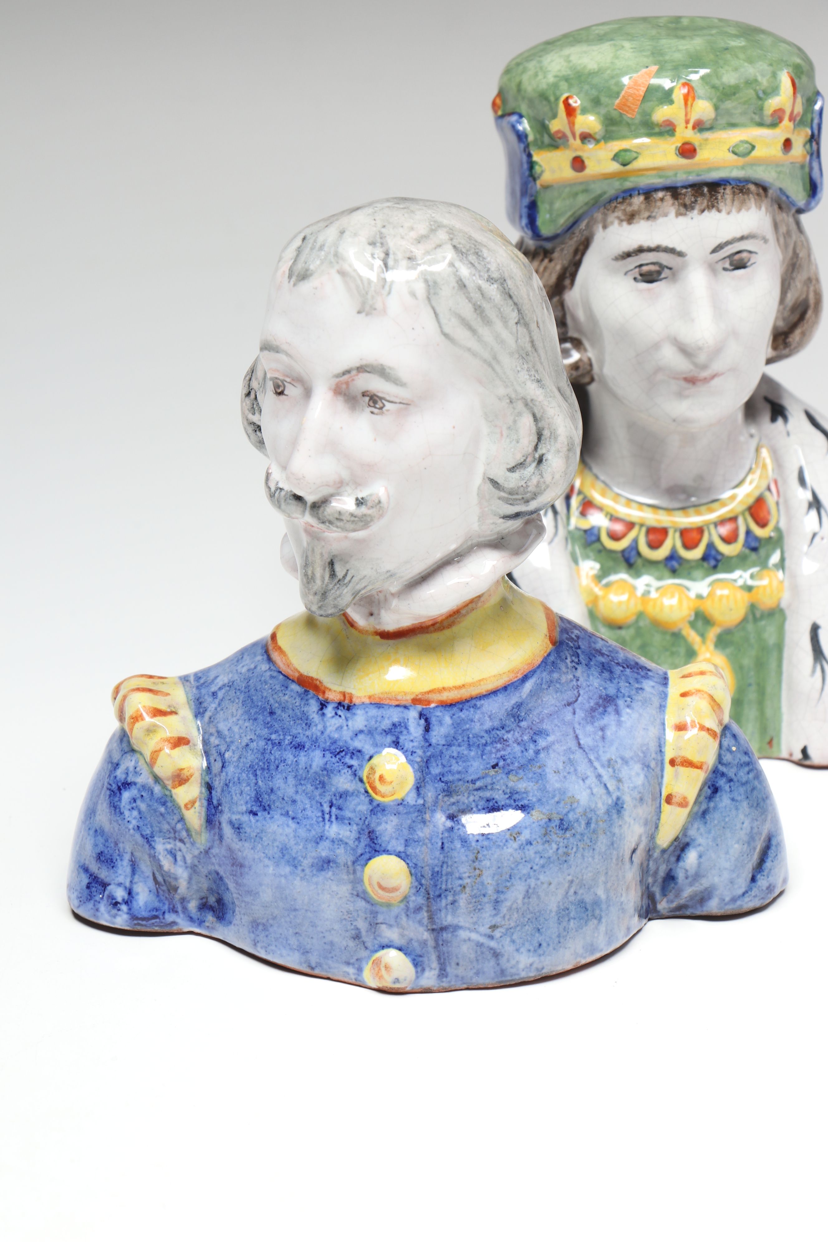 French Majolica Bust Figures with Decorative Footed Bowl and Lidded Vessel