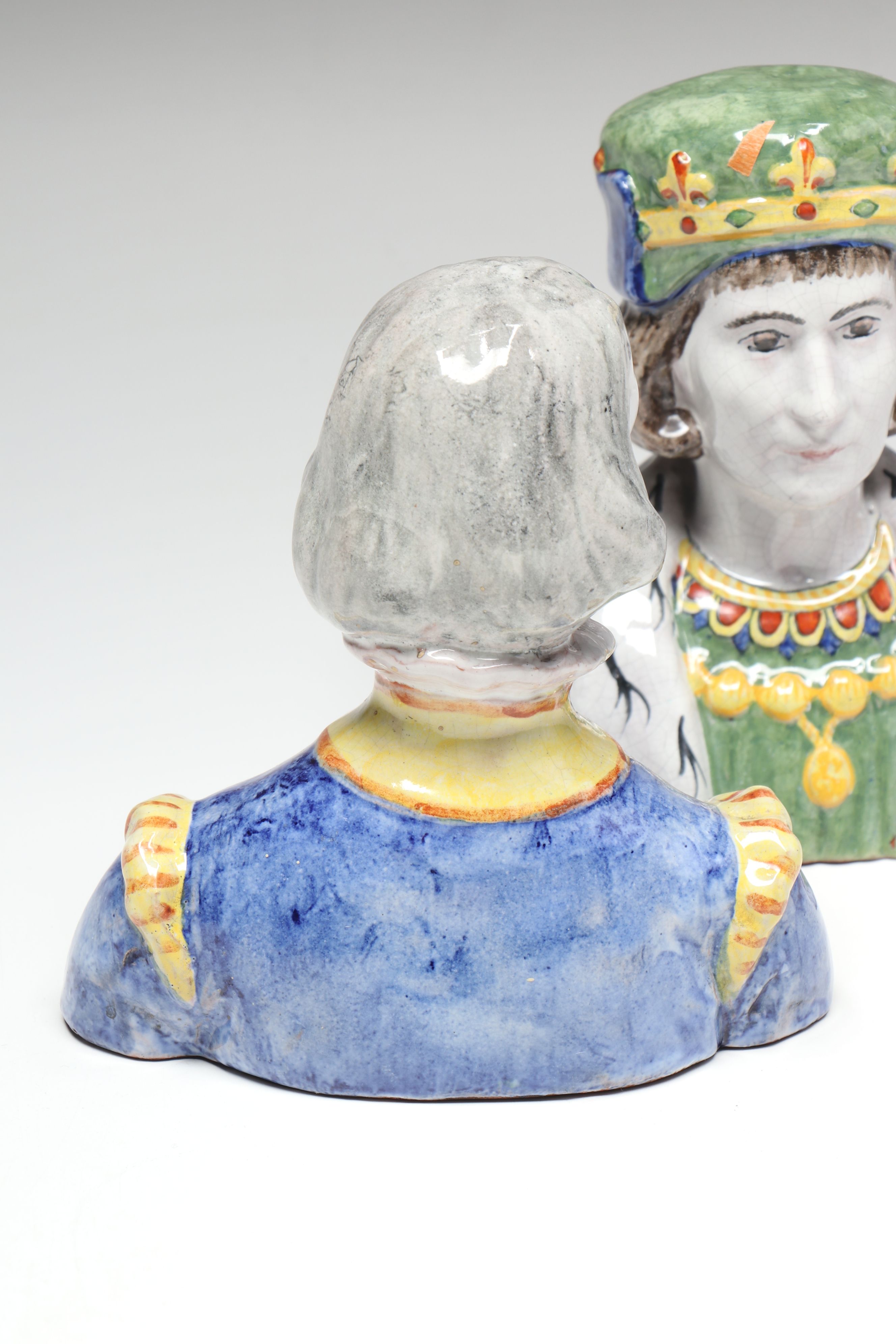 French Majolica Bust Figures with Decorative Footed Bowl and Lidded Vessel