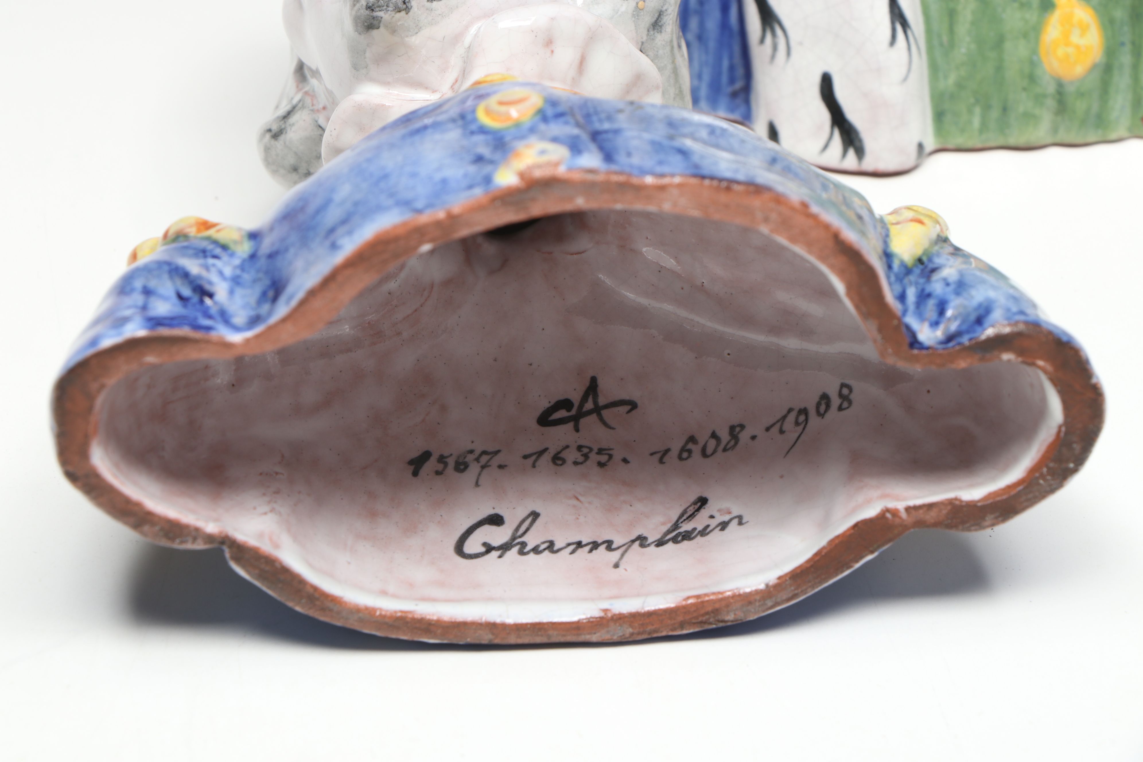 French Majolica Bust Figures with Decorative Footed Bowl and Lidded Vessel