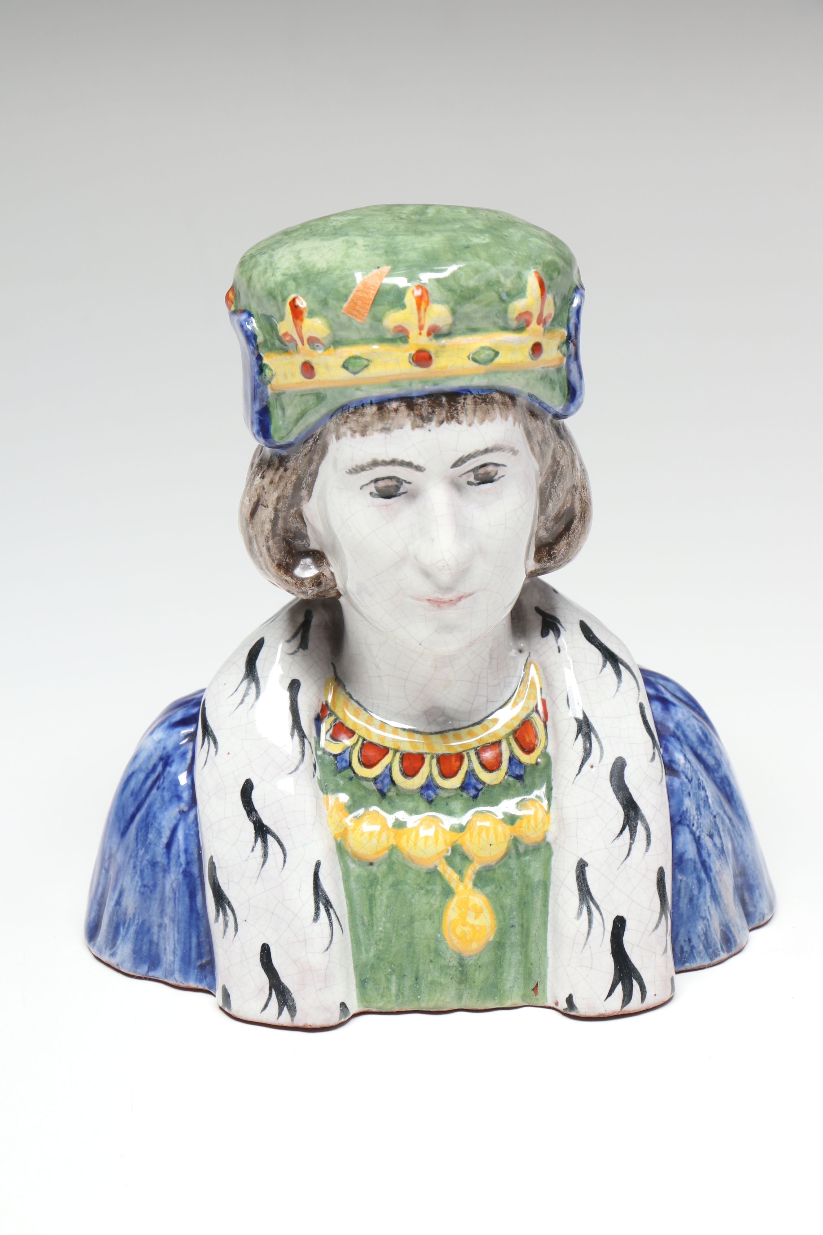 French Majolica Bust Figures with Decorative Footed Bowl and Lidded Vessel