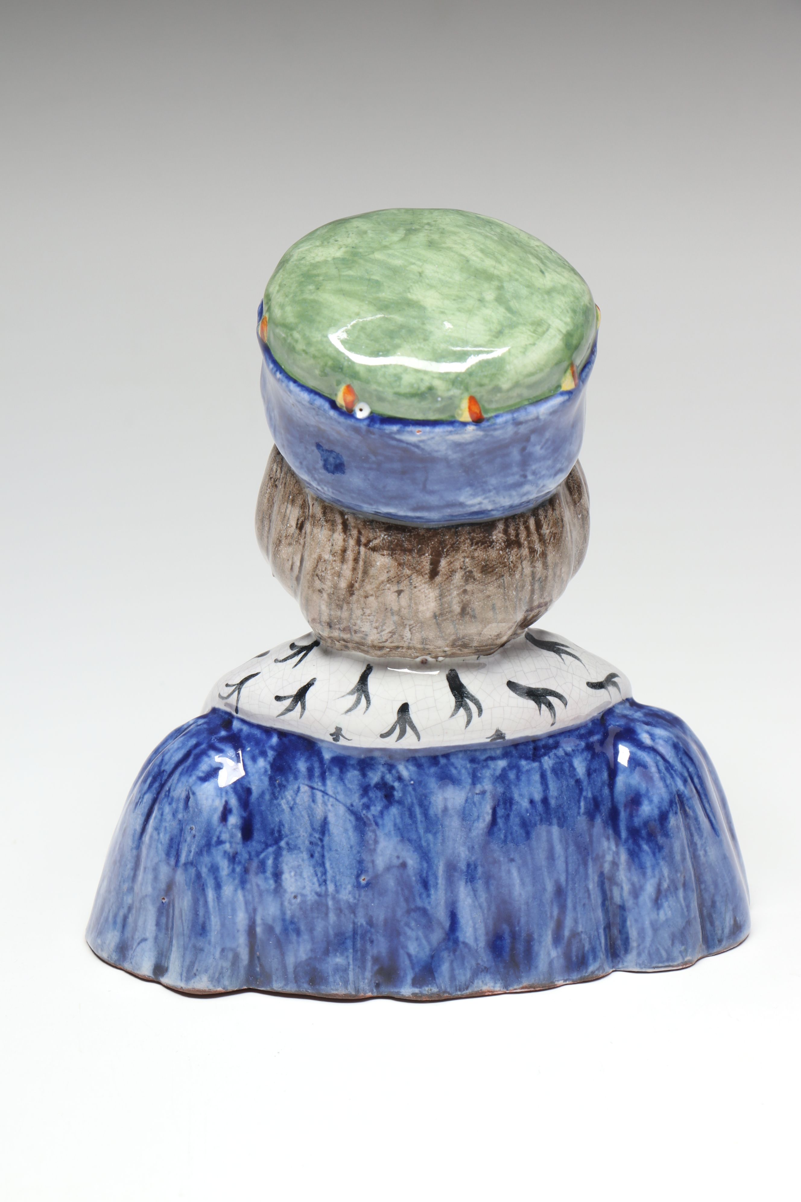 French Majolica Bust Figures with Decorative Footed Bowl and Lidded Vessel