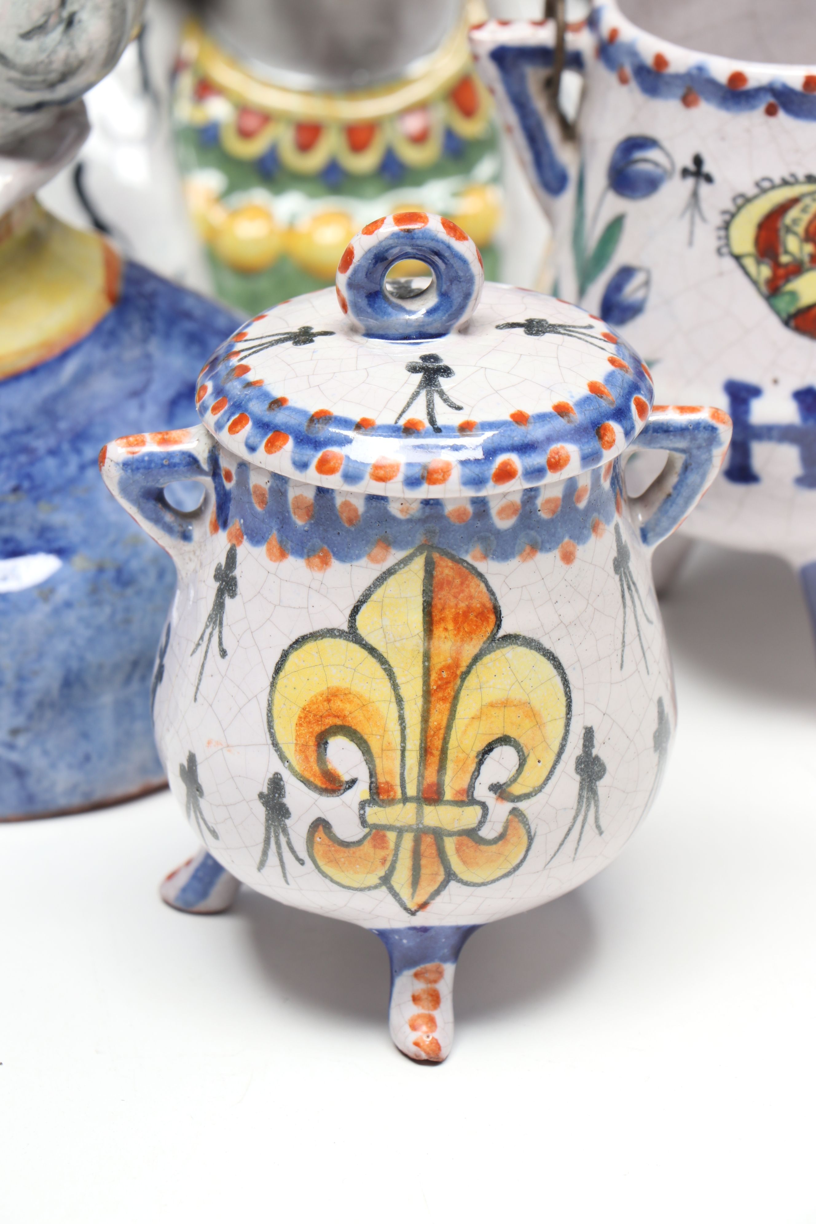 French Majolica Bust Figures with Decorative Footed Bowl and Lidded Vessel