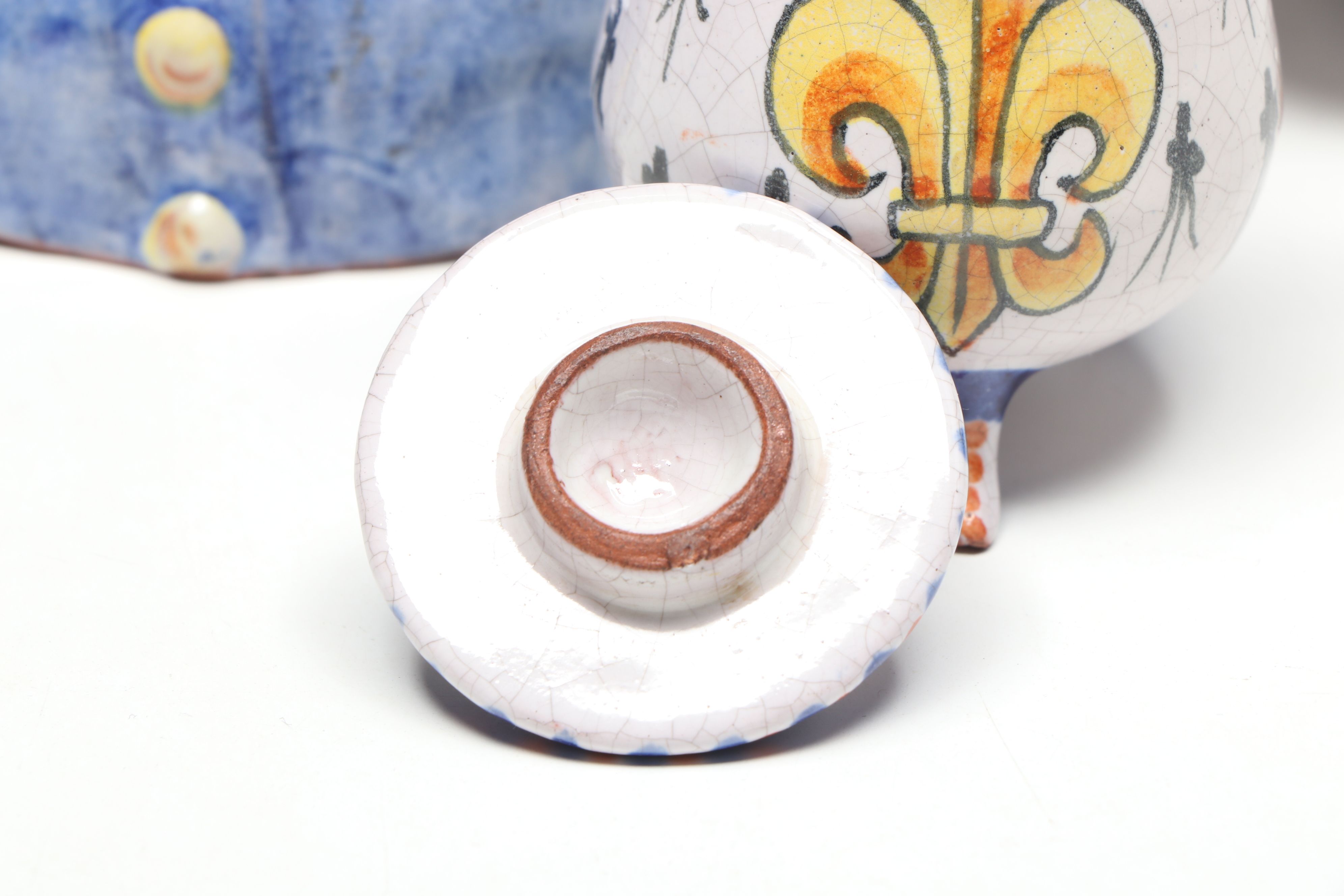 French Majolica Bust Figures with Decorative Footed Bowl and Lidded Vessel