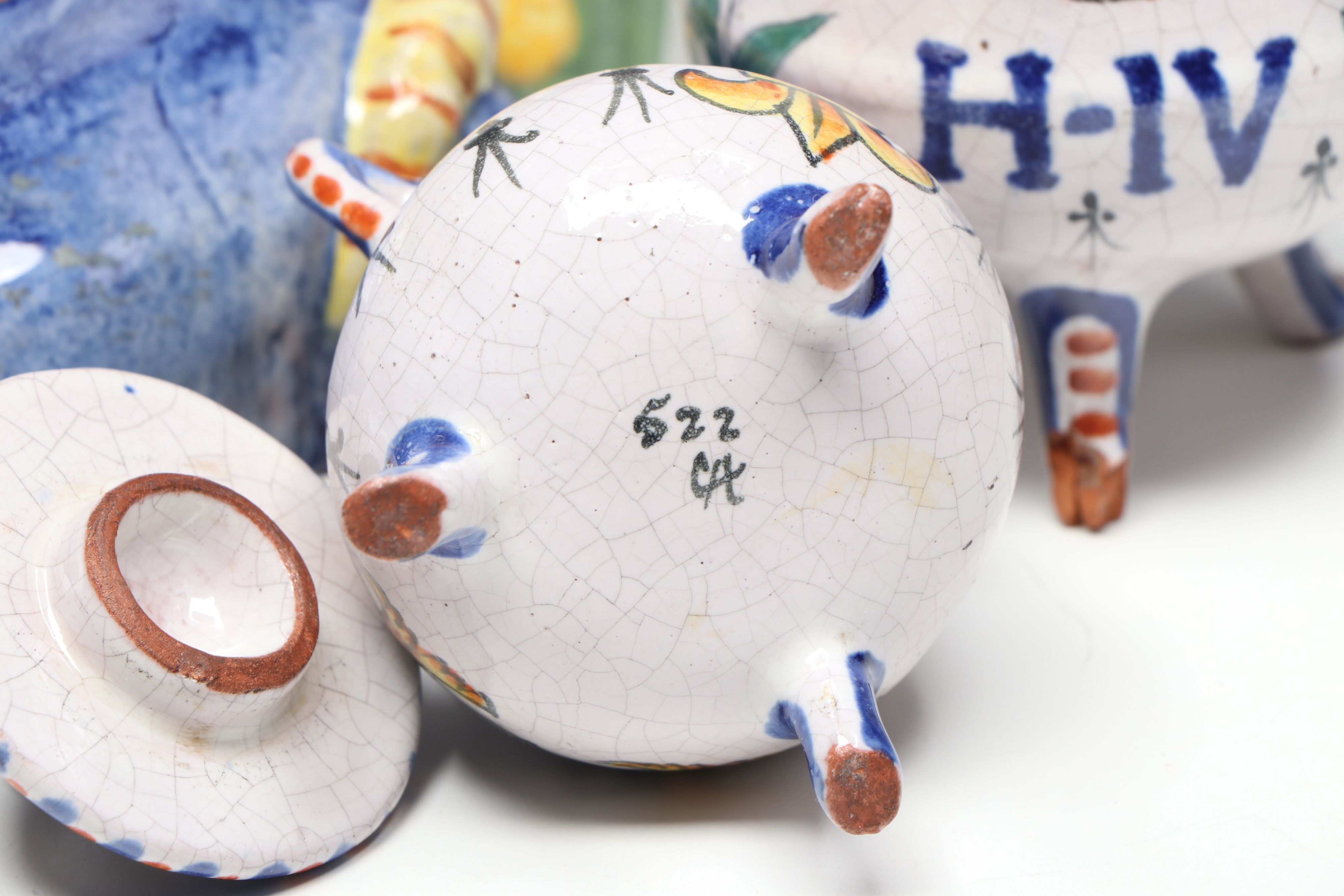 French Majolica Bust Figures with Decorative Footed Bowl and Lidded Vessel