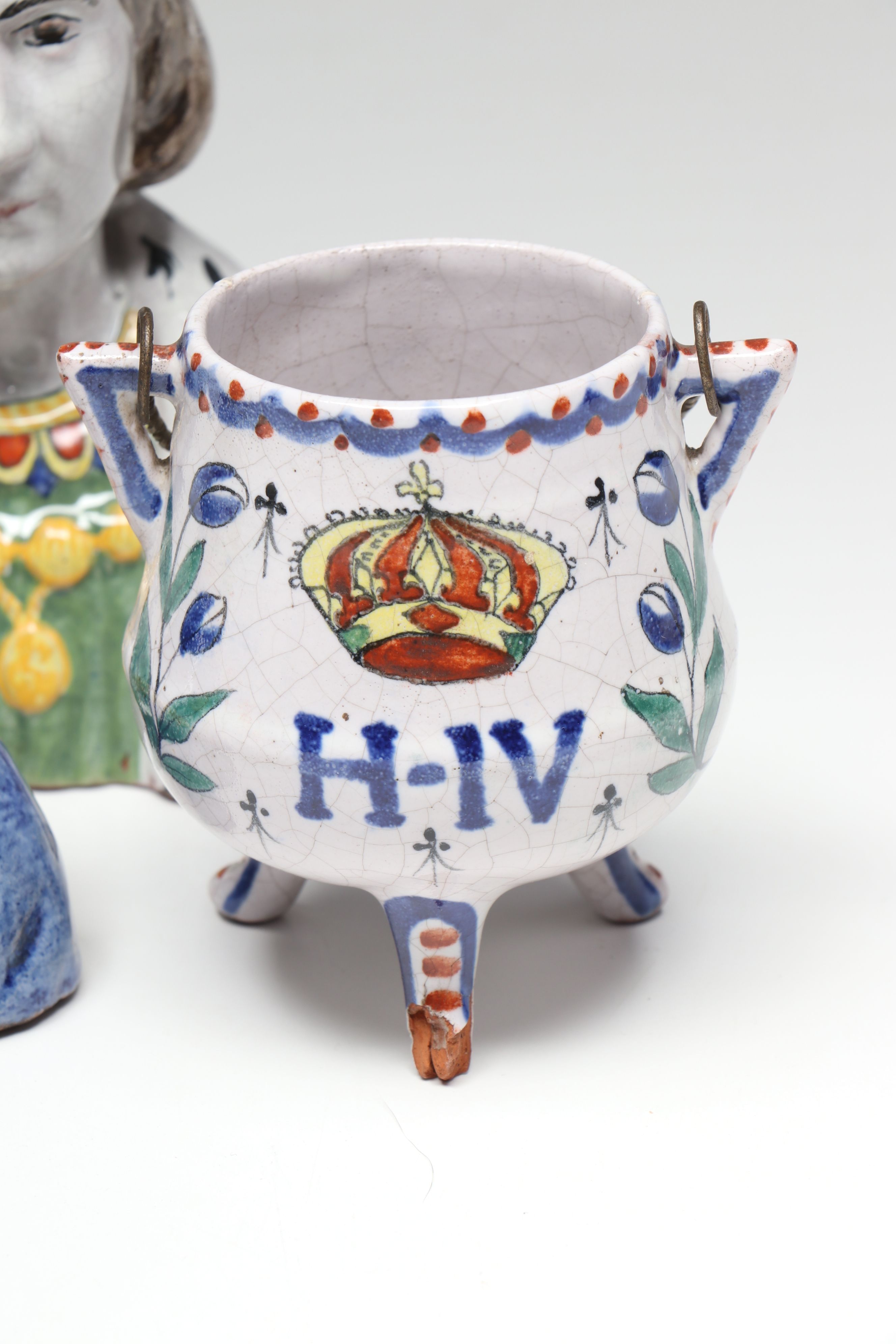 French Majolica Bust Figures with Decorative Footed Bowl and Lidded Vessel