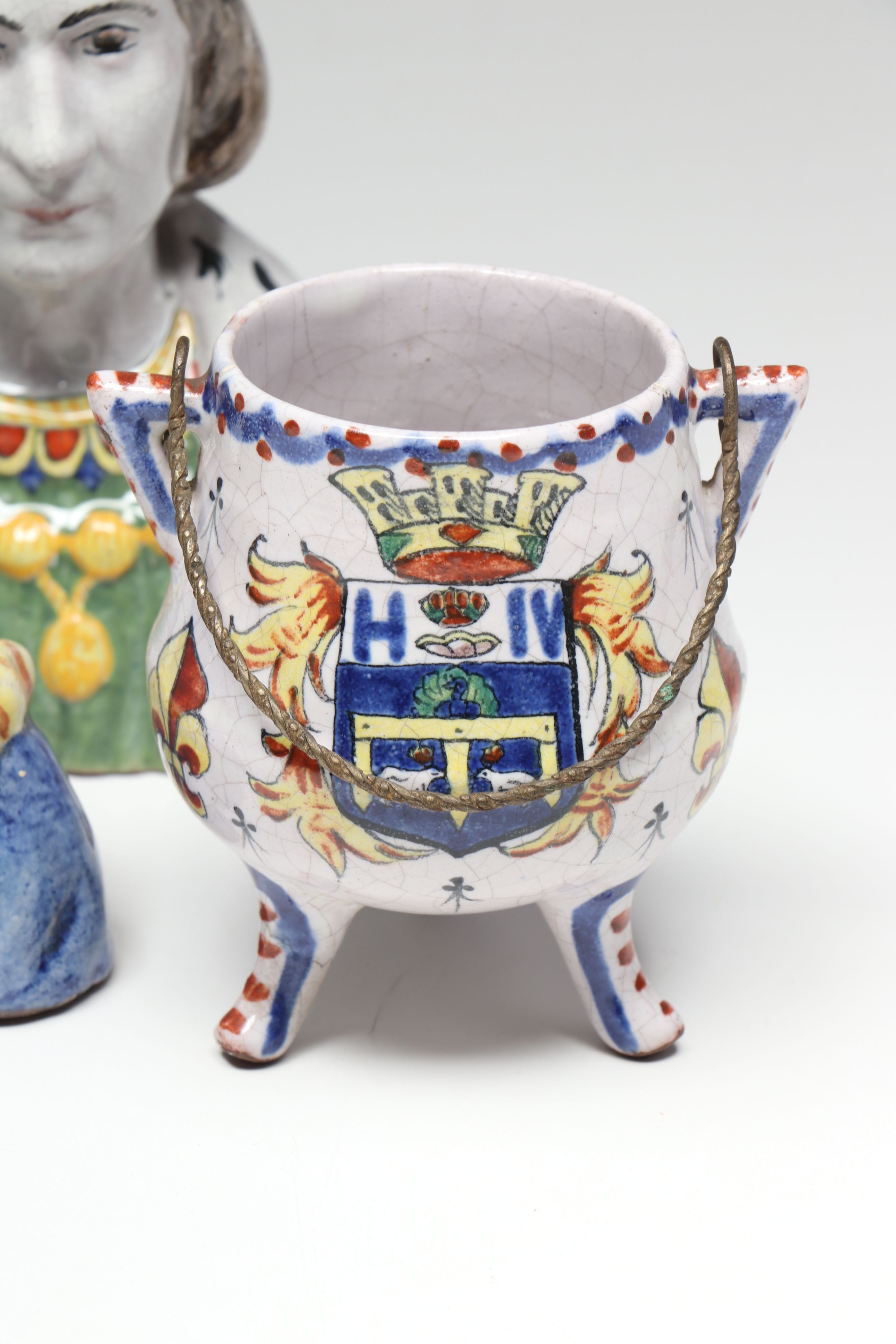 French Majolica Bust Figures with Decorative Footed Bowl and Lidded Vessel