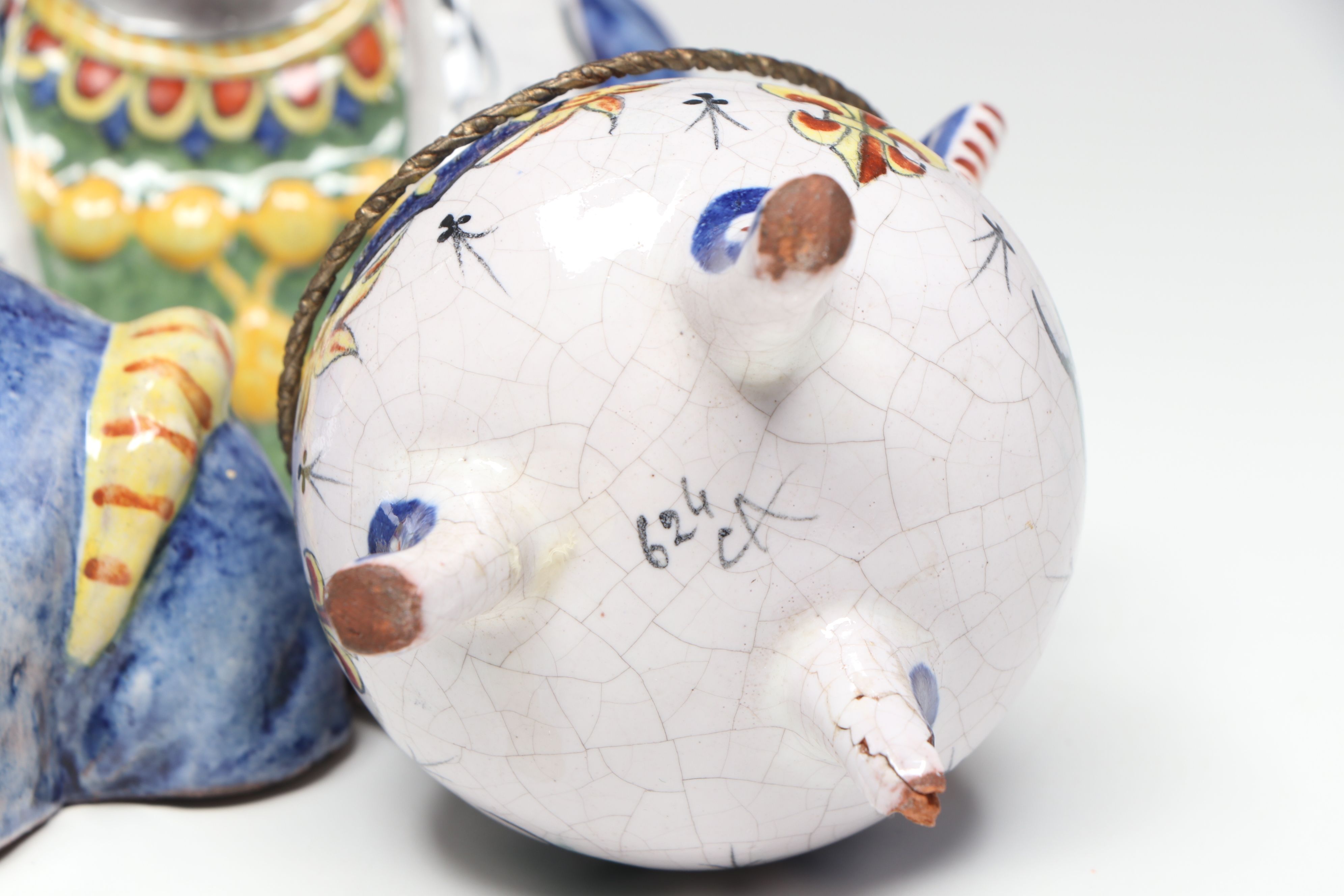 French Majolica Bust Figures with Decorative Footed Bowl and Lidded Vessel