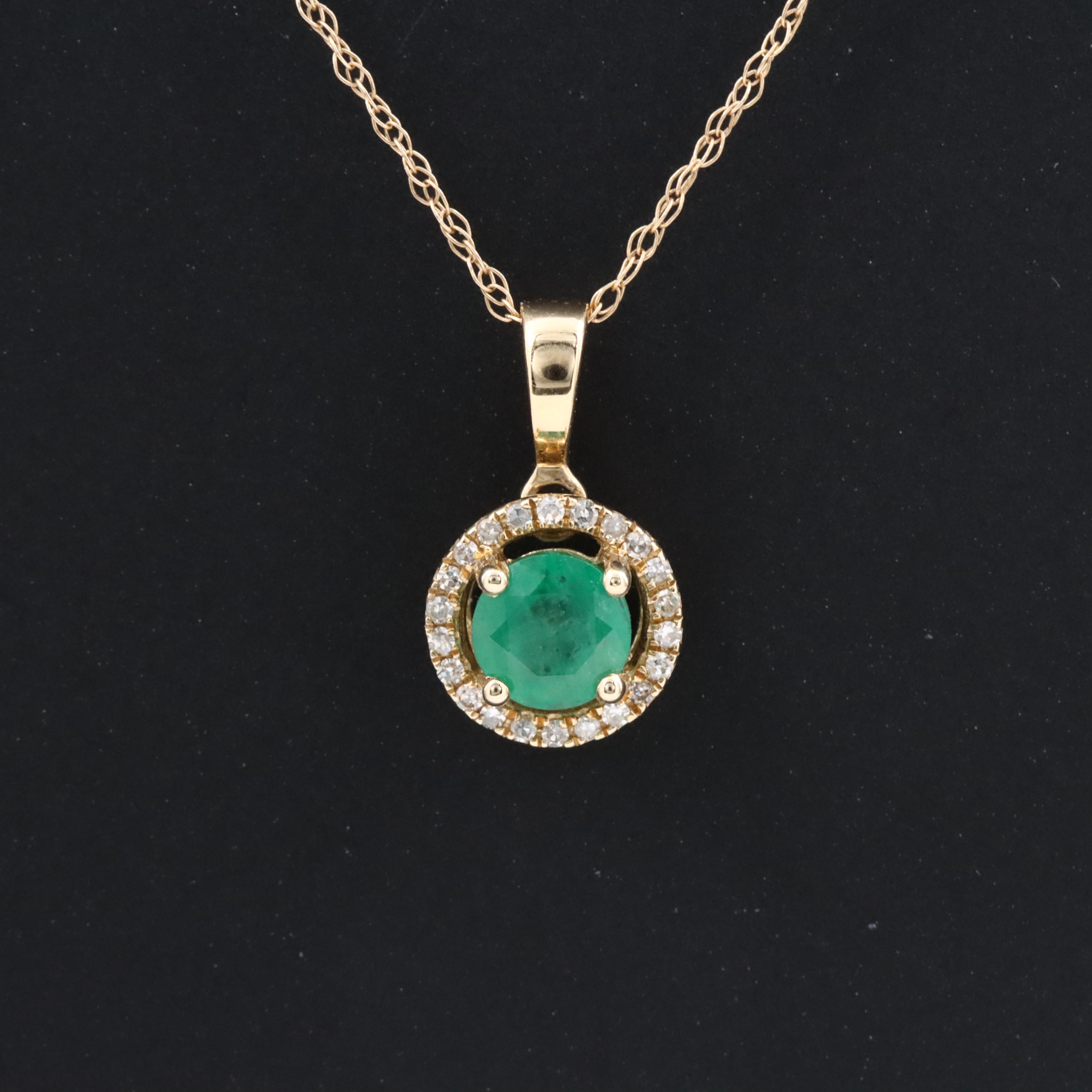 14K Emerald and Diamond Halo Pendant Necklace