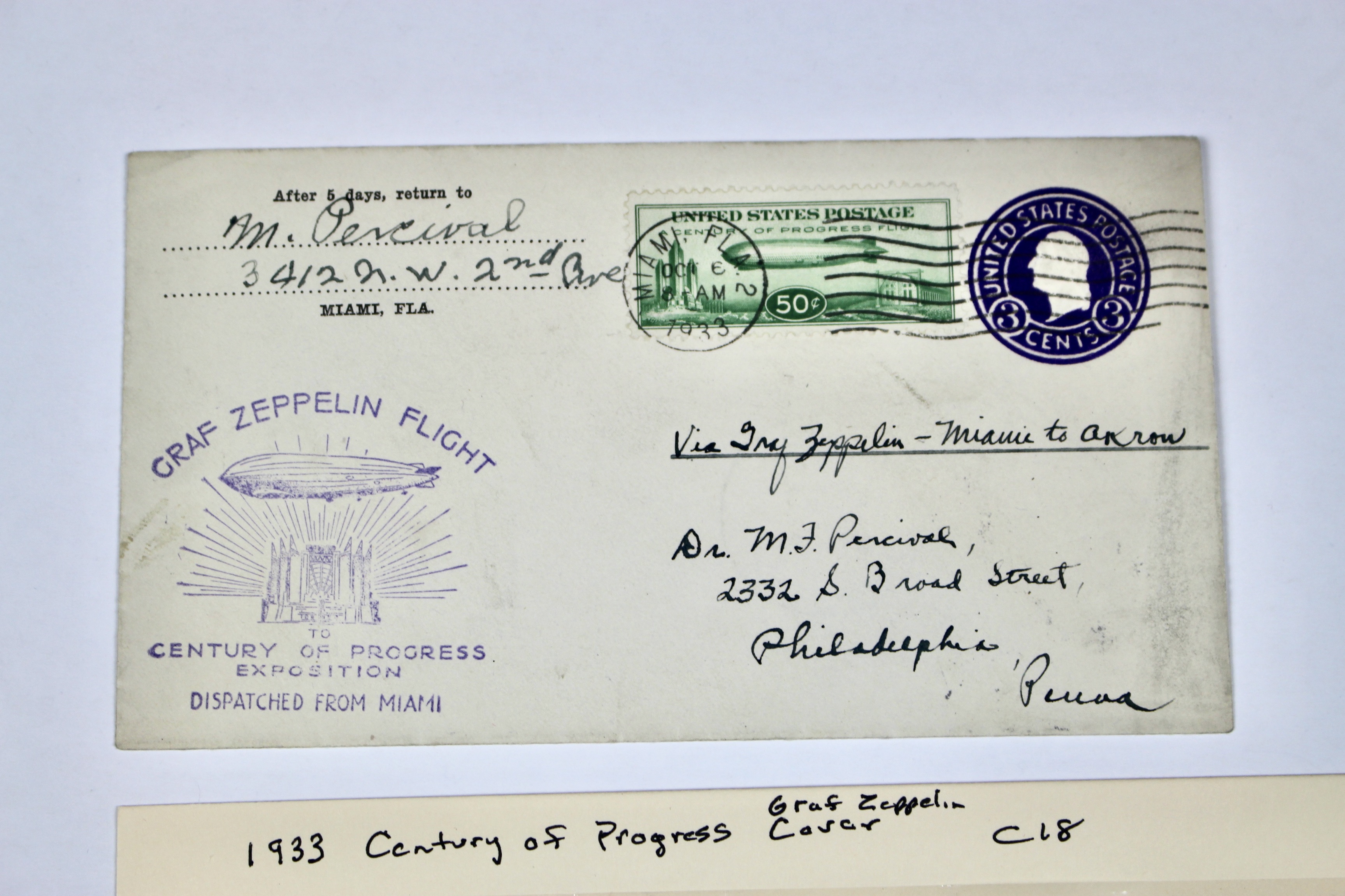 1933 Century of Progress Graf Zeppelin Postal Cover, Scott C18