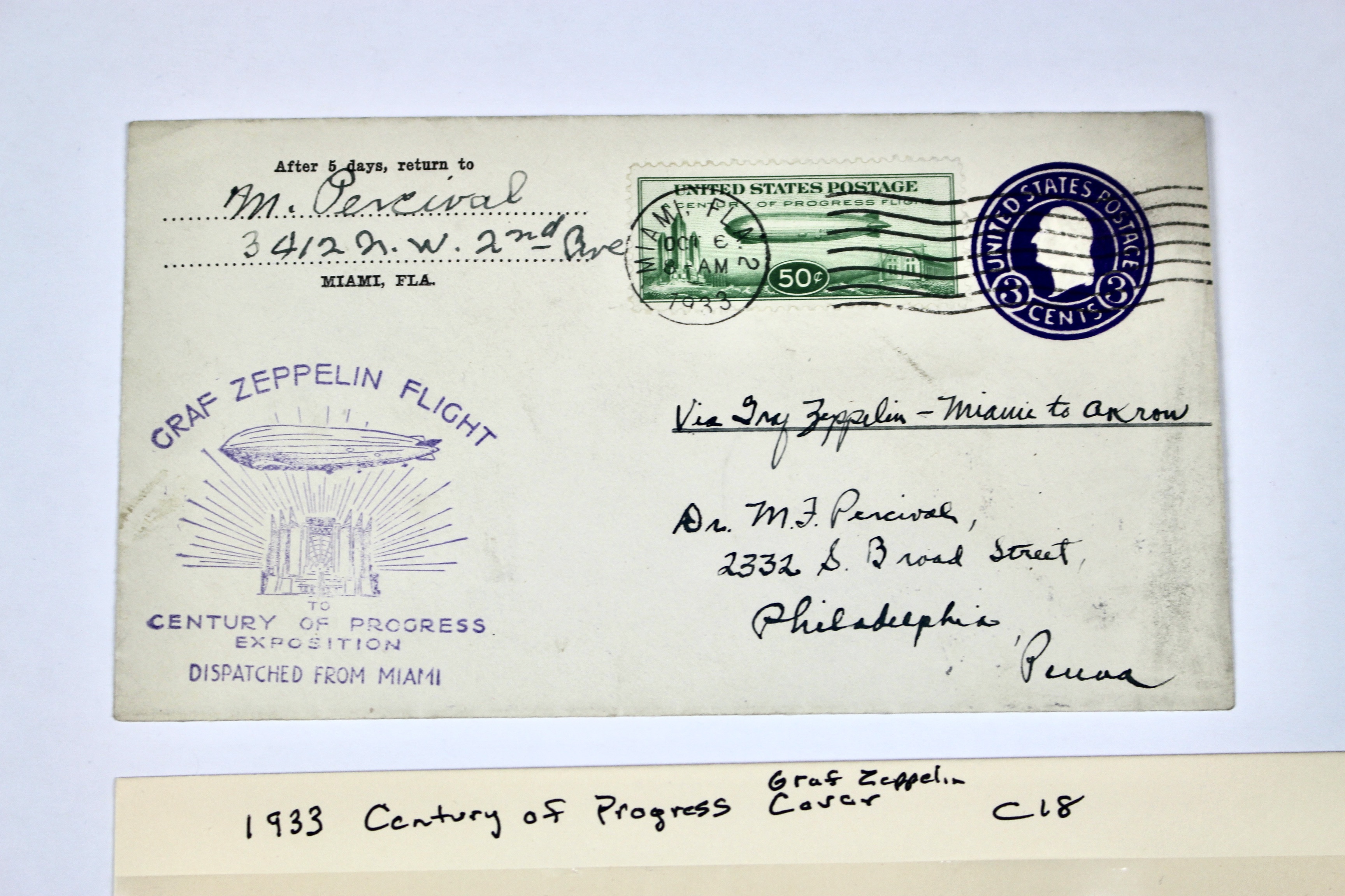 1933 Century of Progress Graf Zeppelin Postal Cover, Scott C18