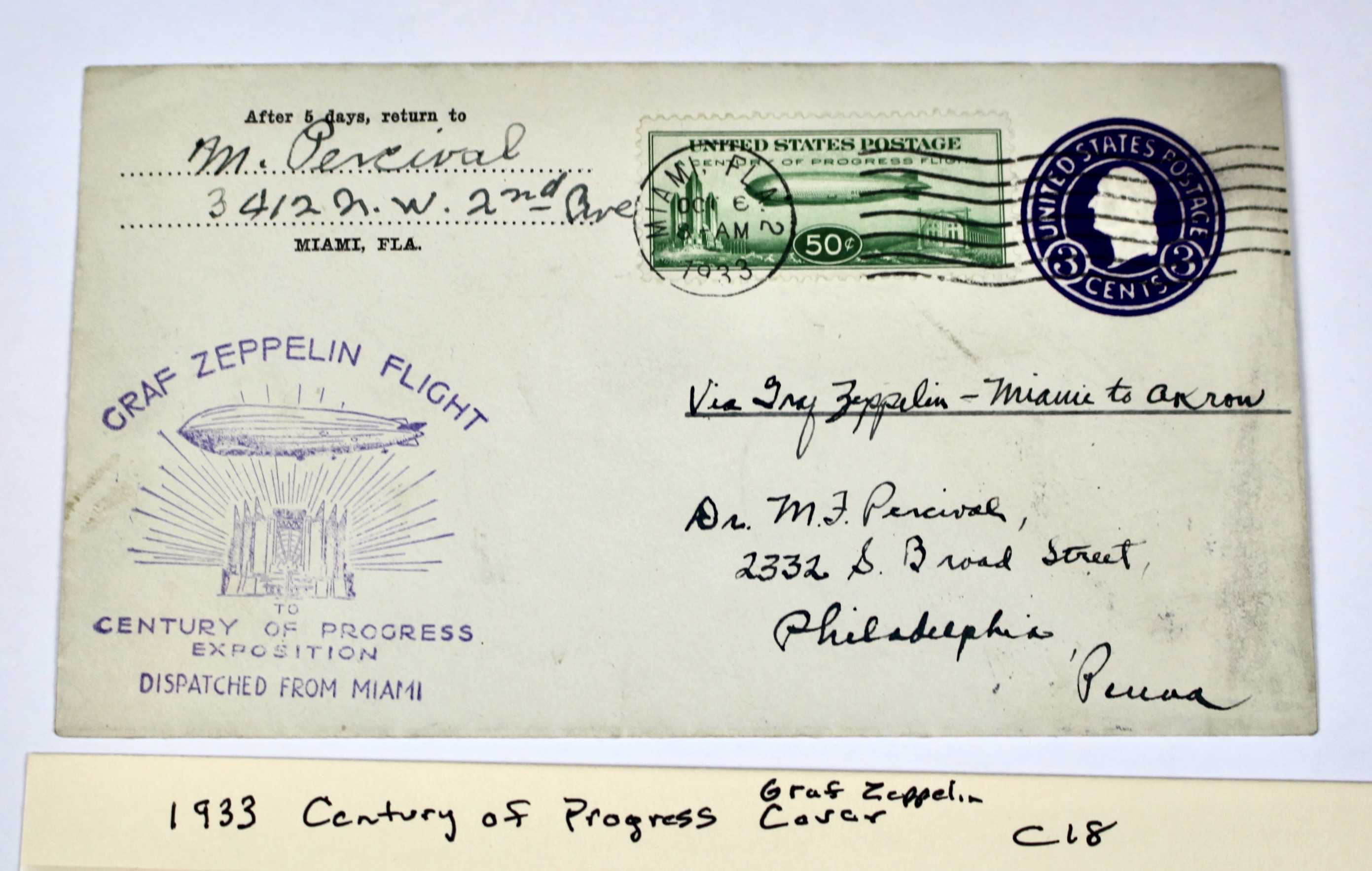 1933 Century of Progress Graf Zeppelin Postal Cover, Scott C18