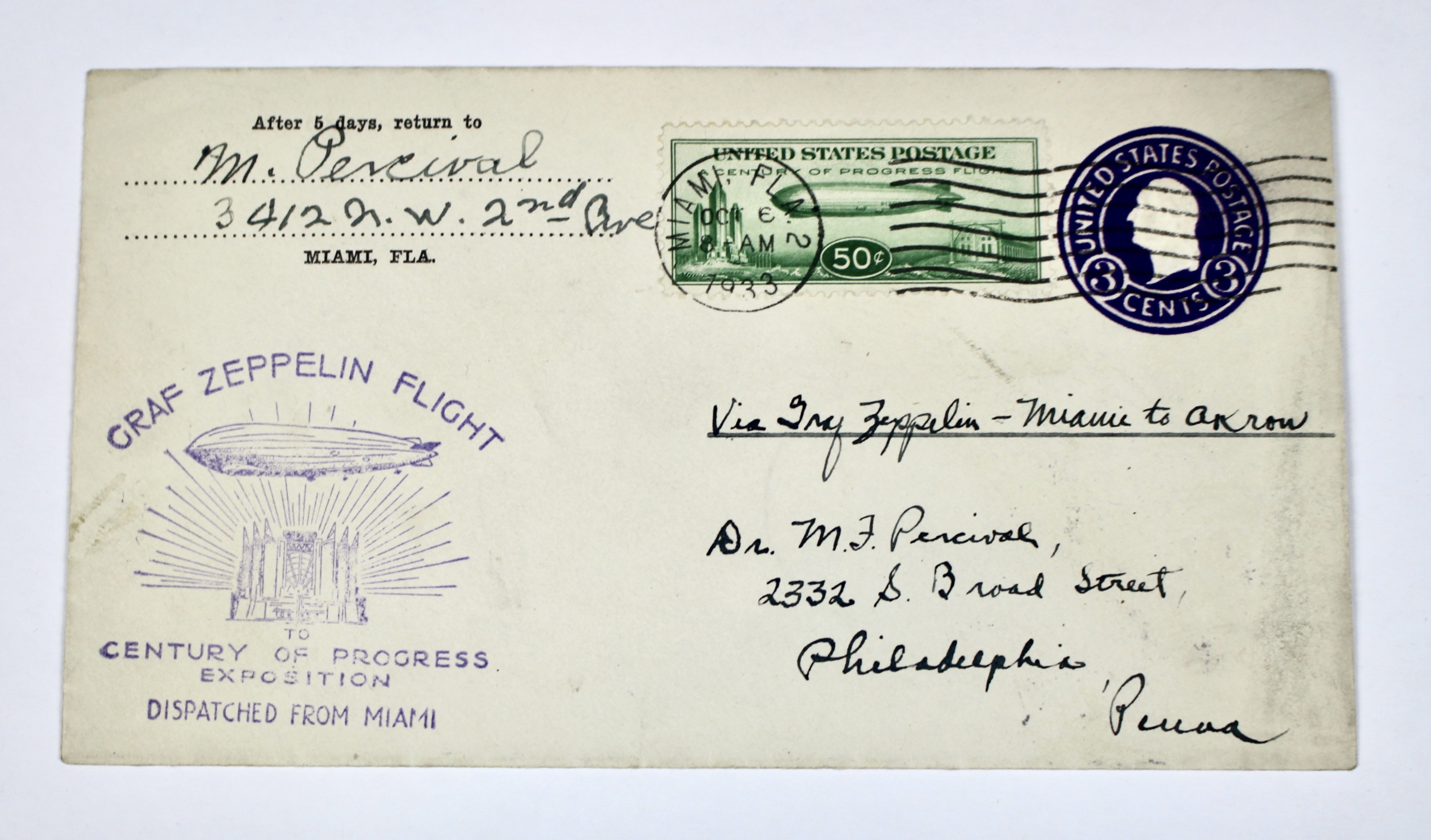 1933 Century of Progress Graf Zeppelin Postal Cover, Scott C18