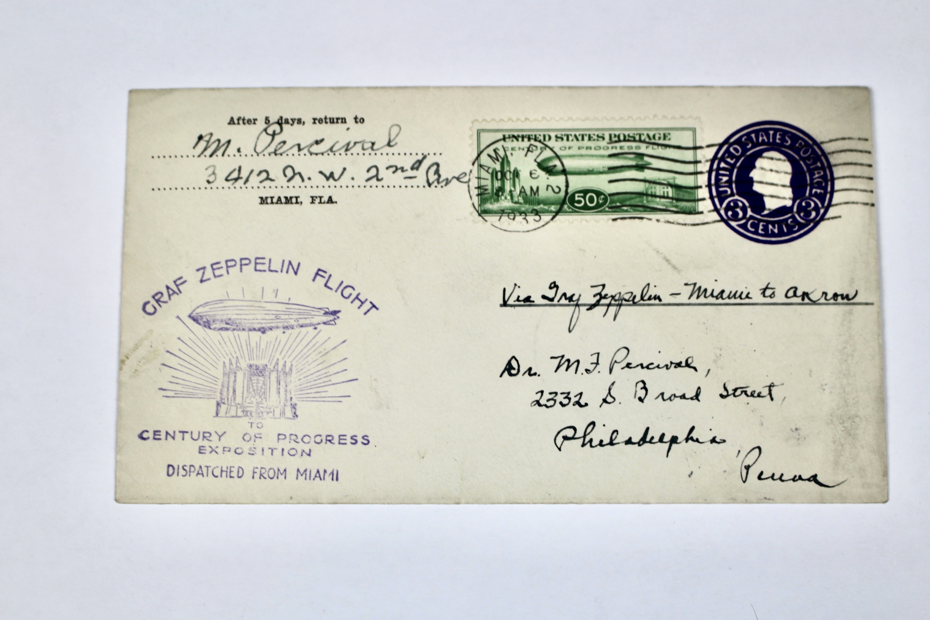 1933 Century of Progress Graf Zeppelin Postal Cover, Scott C18