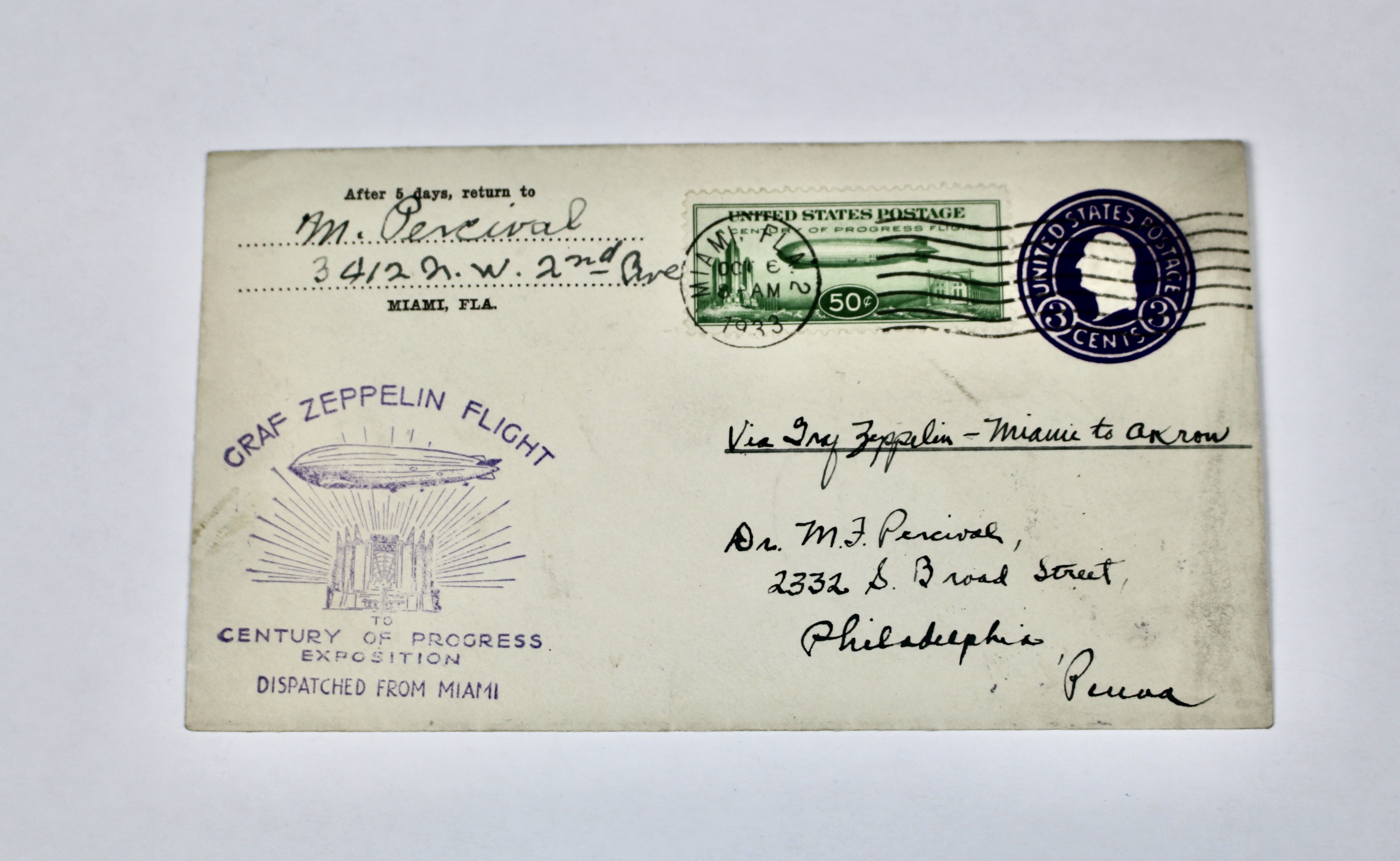 1933 Century of Progress Graf Zeppelin Postal Cover, Scott C18
