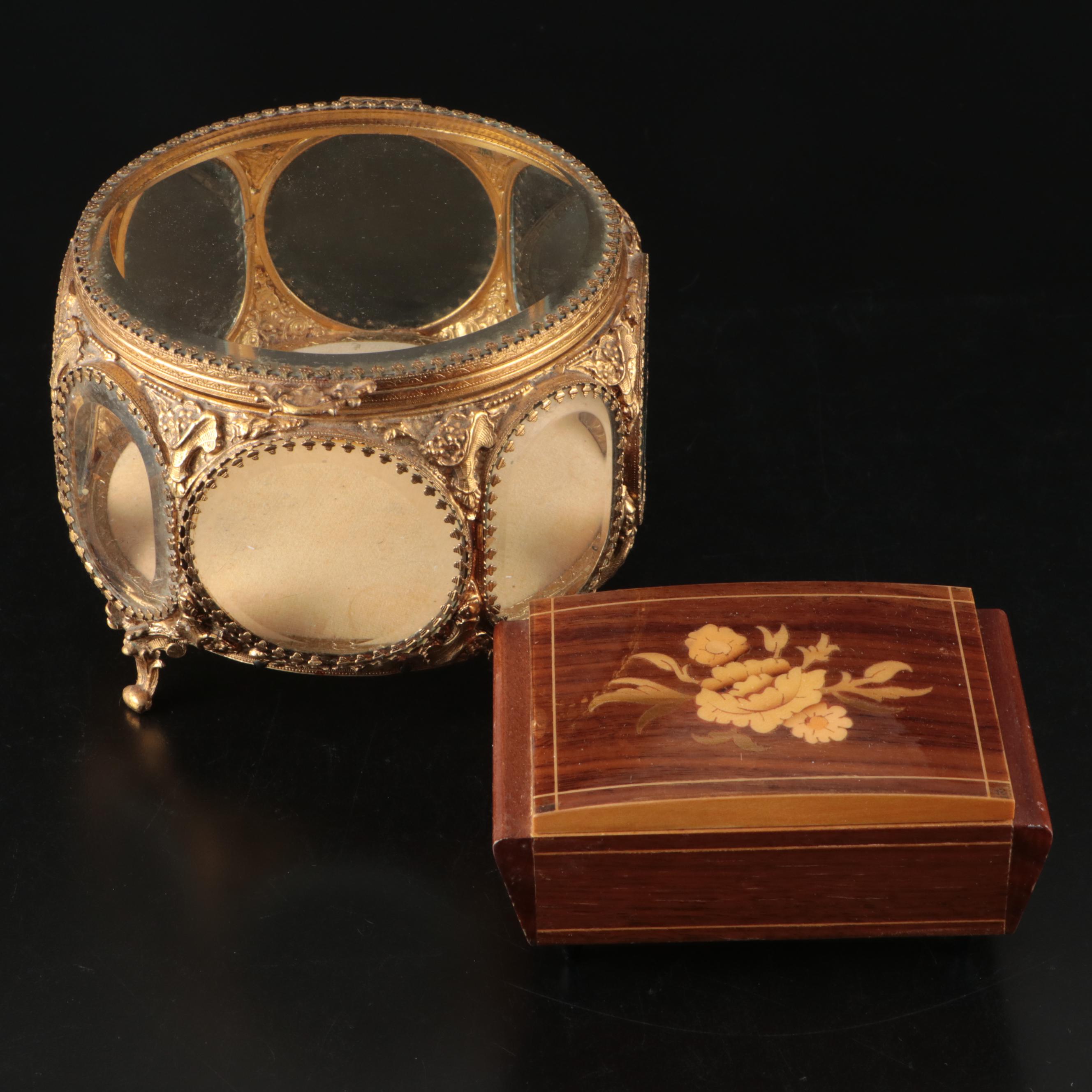Victorian Ormolu Jewelry Casket with Italian Sorrento Style Wood Box