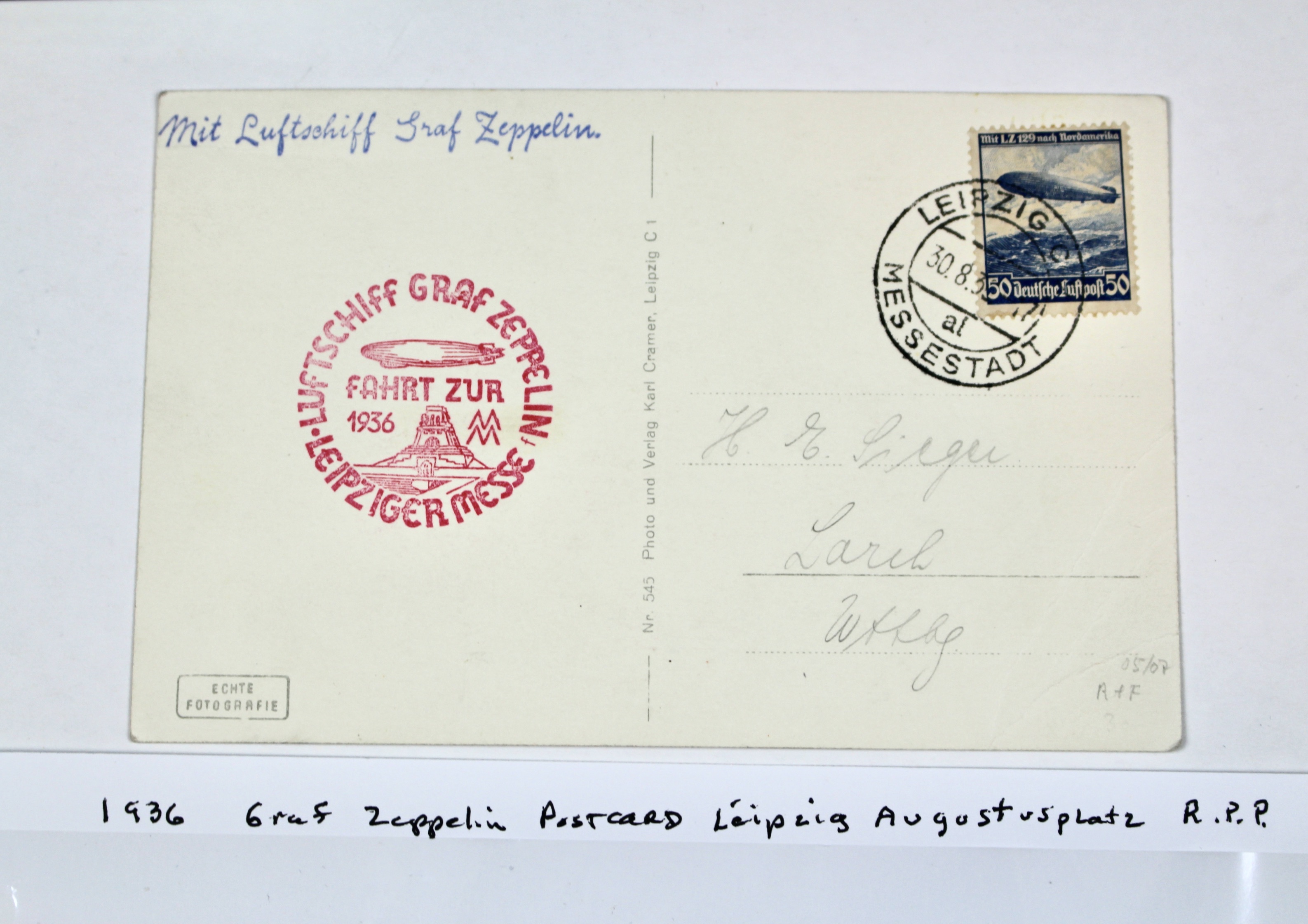 1936 Graf Zeppelin Real Picture Postcard, Featuring Leipzig Augustusplatz