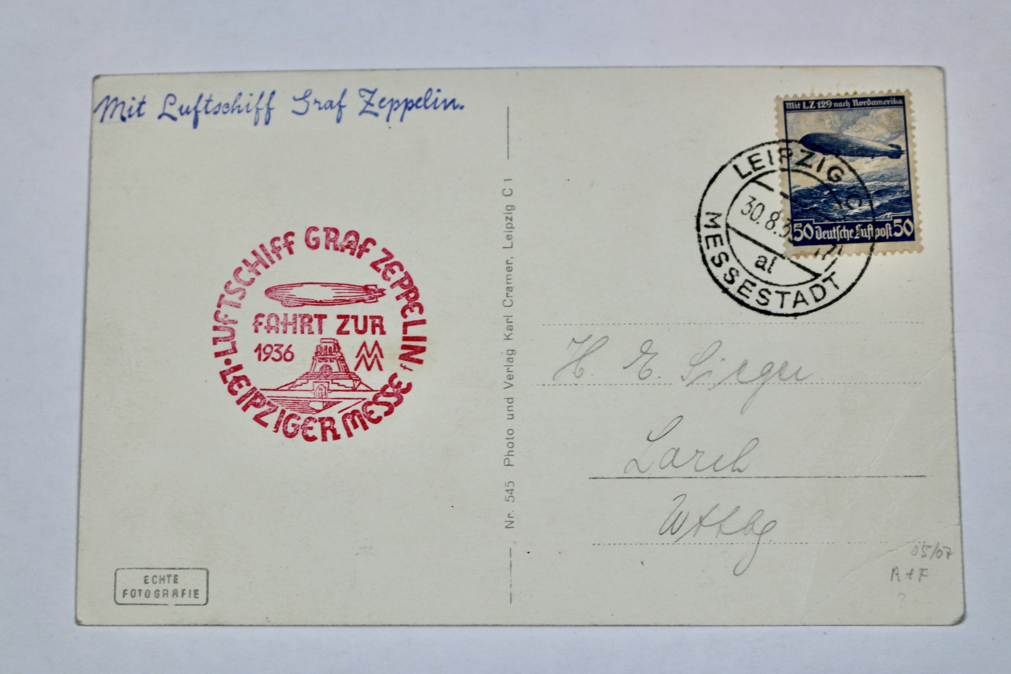 1936 Graf Zeppelin Real Picture Postcard, Featuring Leipzig Augustusplatz